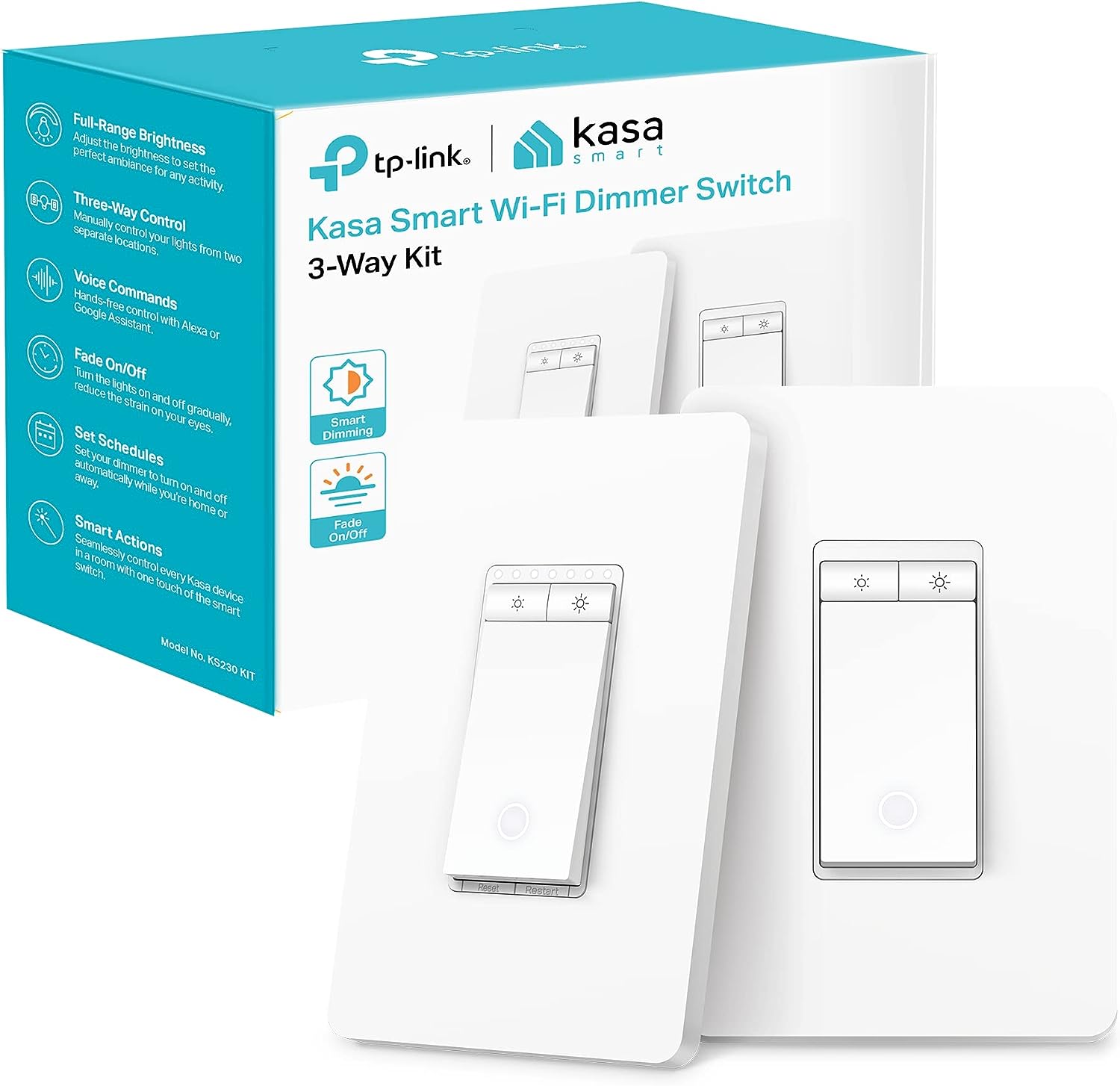 Kasa Smart 3-Way Dimmer Light Switch Kit by TP-Link (KS230 KIT V2) - Neutral Wire Required, 2.4GHz WiFi Light Switch works with Alexa and Google Home, No Hub Required, UL Certified, White
