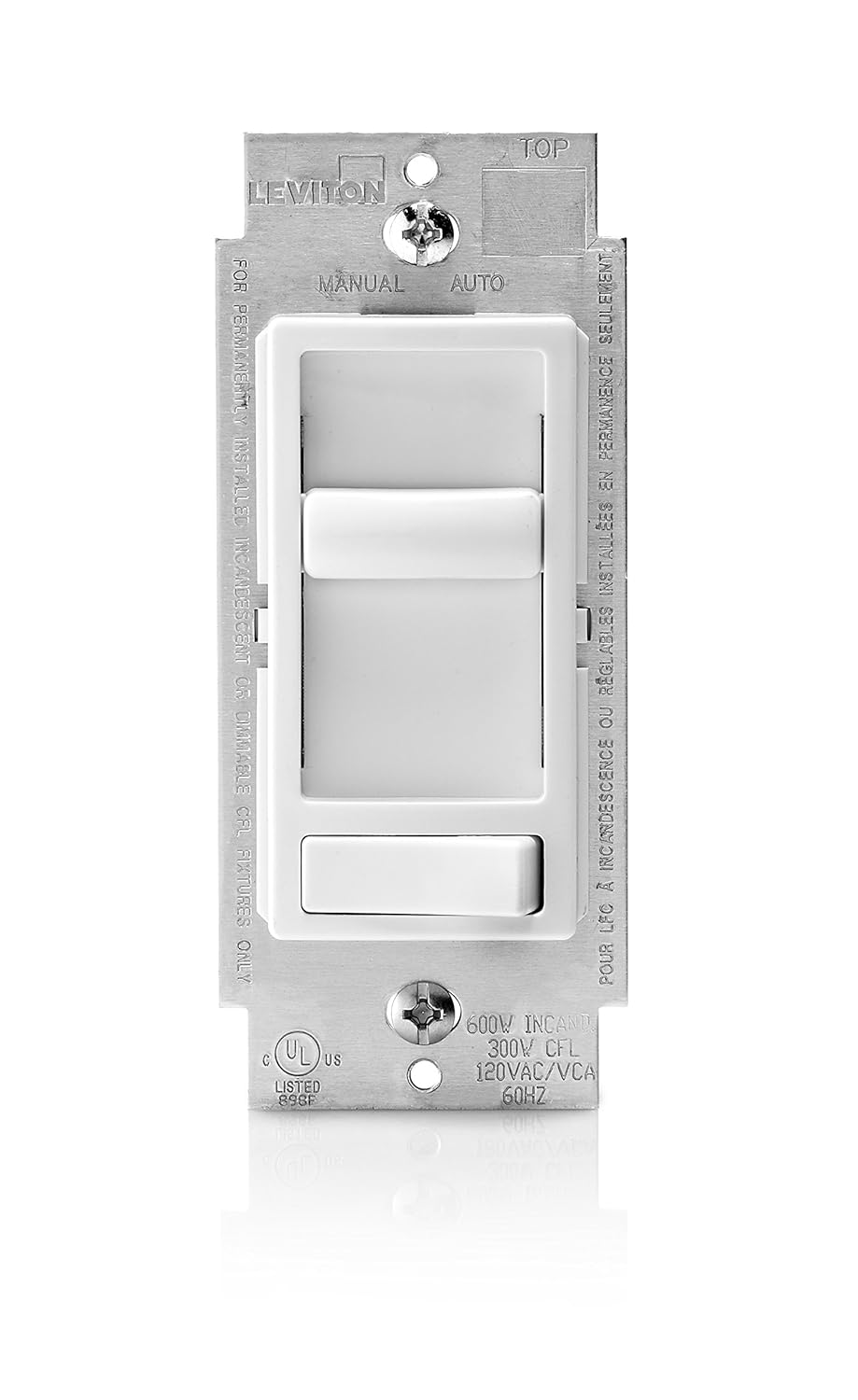Leviton Decora SureSlide Universal LED Dimmer, 600W-120VAC Incandescent and 150W-120VAC Dimmable LED and CFL, 60Hz, Single Pole and 3-Way - White, 2 Count (Pack of 1)