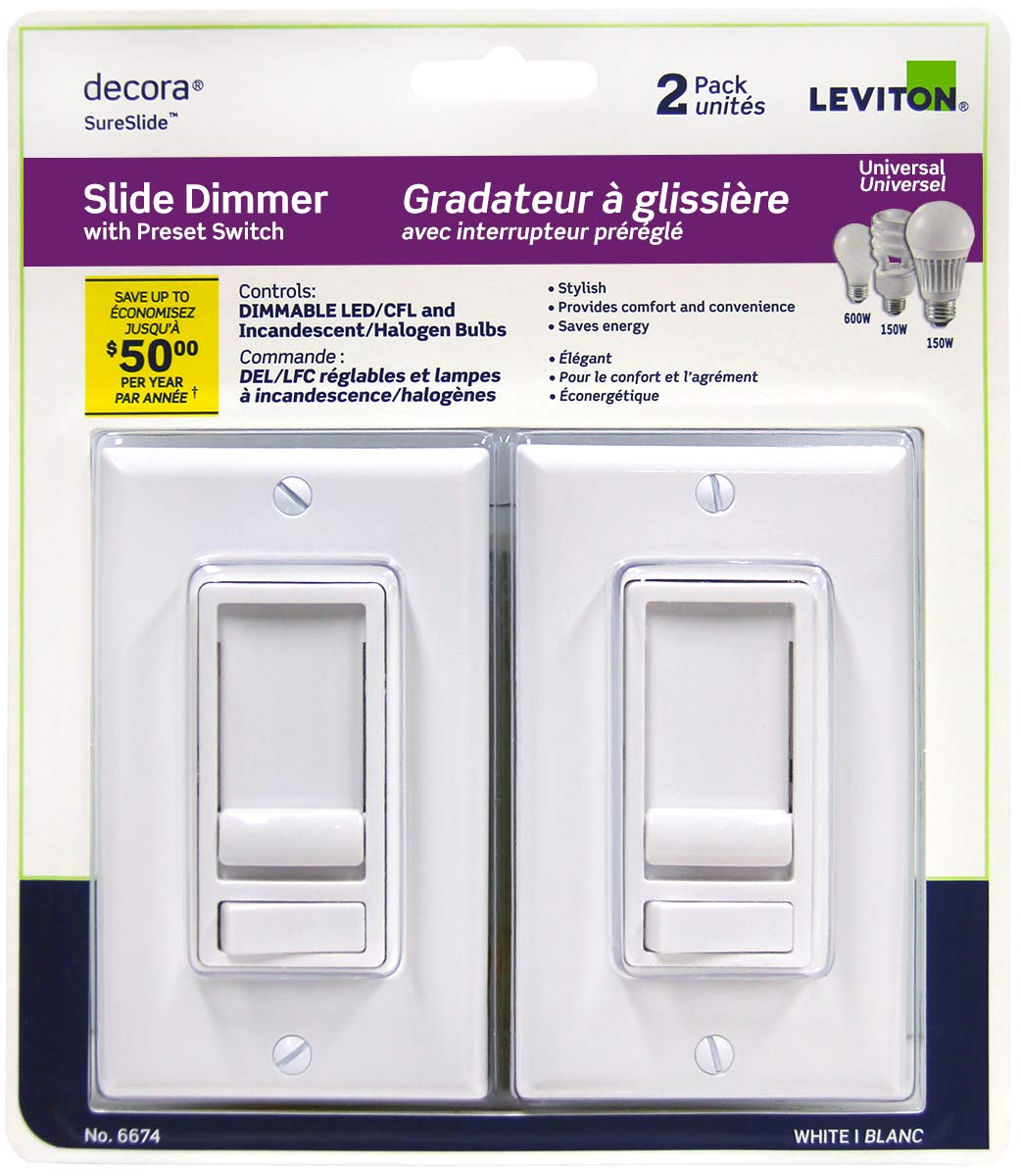 Leviton Decora SureSlide Universal LED Dimmer, 600W-120VAC Incandescent and 150W-120VAC Dimmable LED and CFL, 60Hz, Single Pole and 3-Way - White, 2 Count (Pack of 1)