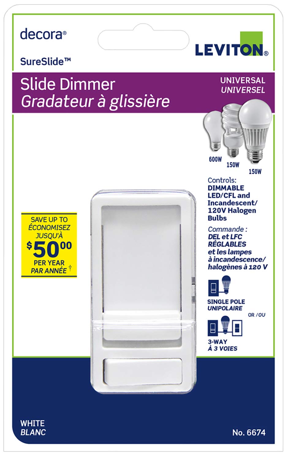 Leviton Decora SureSlide Universal LED Dimmer, 600W-120VAC Incandescent and 150W-120VAC Dimmable LED and CFL, 60Hz, Single Pole and 3-Way - White, 2 Count (Pack of 1)