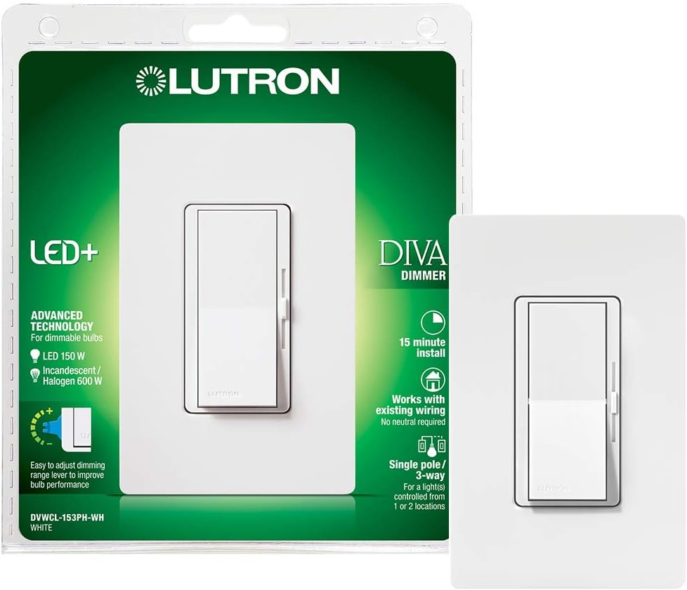 Lutron Diva LED Dimmer for Dimmable LED, Halogen and Incandescent Bulbs with Wallplate Single-Pole or 3-Way DVWCL-153PH-WHC White