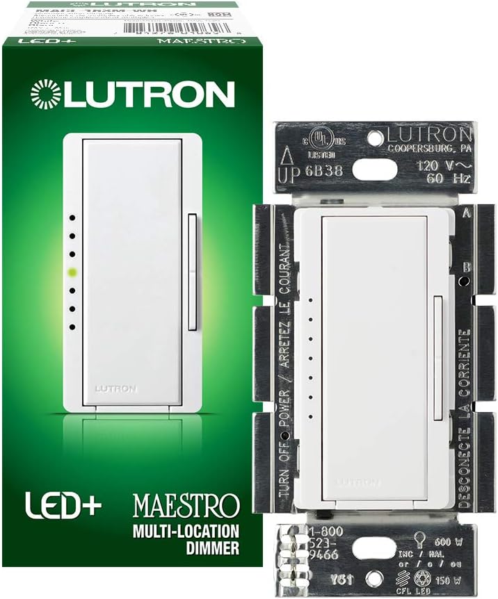 Lutron Maestro LED+ Dimmer Switch | for Dimmable LED, Halogen  Incandescent Bulbs | Single-Pole or Multi-Location | MACL-153M-WH-C | White, Pack of 1.