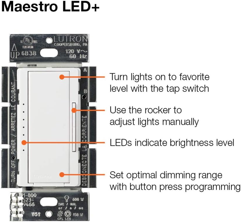 Lutron Maestro LED+ Dimmer Switch | for Dimmable LED, Halogen  Incandescent Bulbs | Single-Pole or Multi-Location | MACL-153M-WH-C | White, Pack of 1.