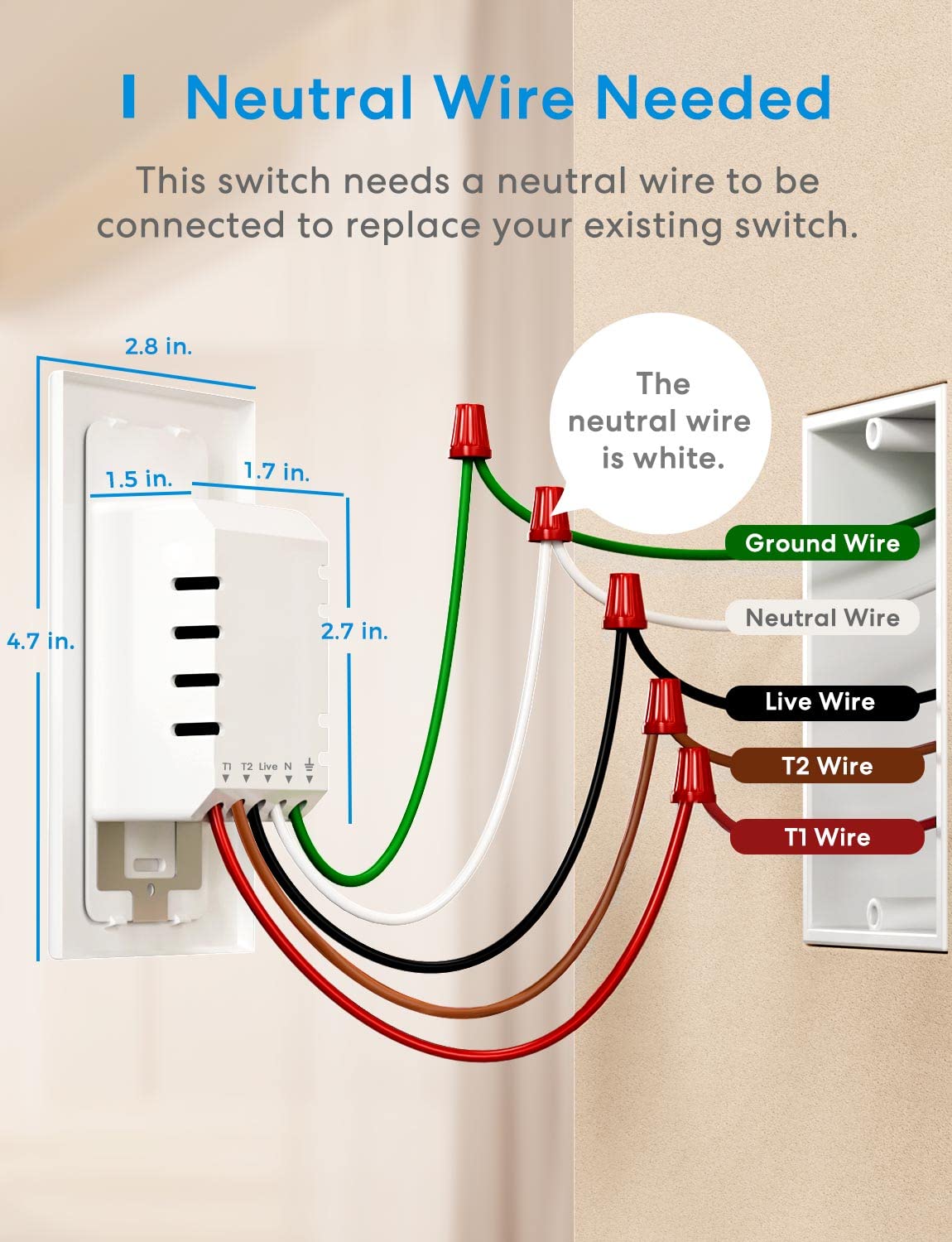 meross 3-Way Dimmer Smart Switch for LED Light, 3-Way, Neutral Wire Required, Compatible with Apple HomeKit, Alexa, Hey Google and SmartThings, 2.4GHz Wi-Fi, Remote and Voice Control, No Hub Required