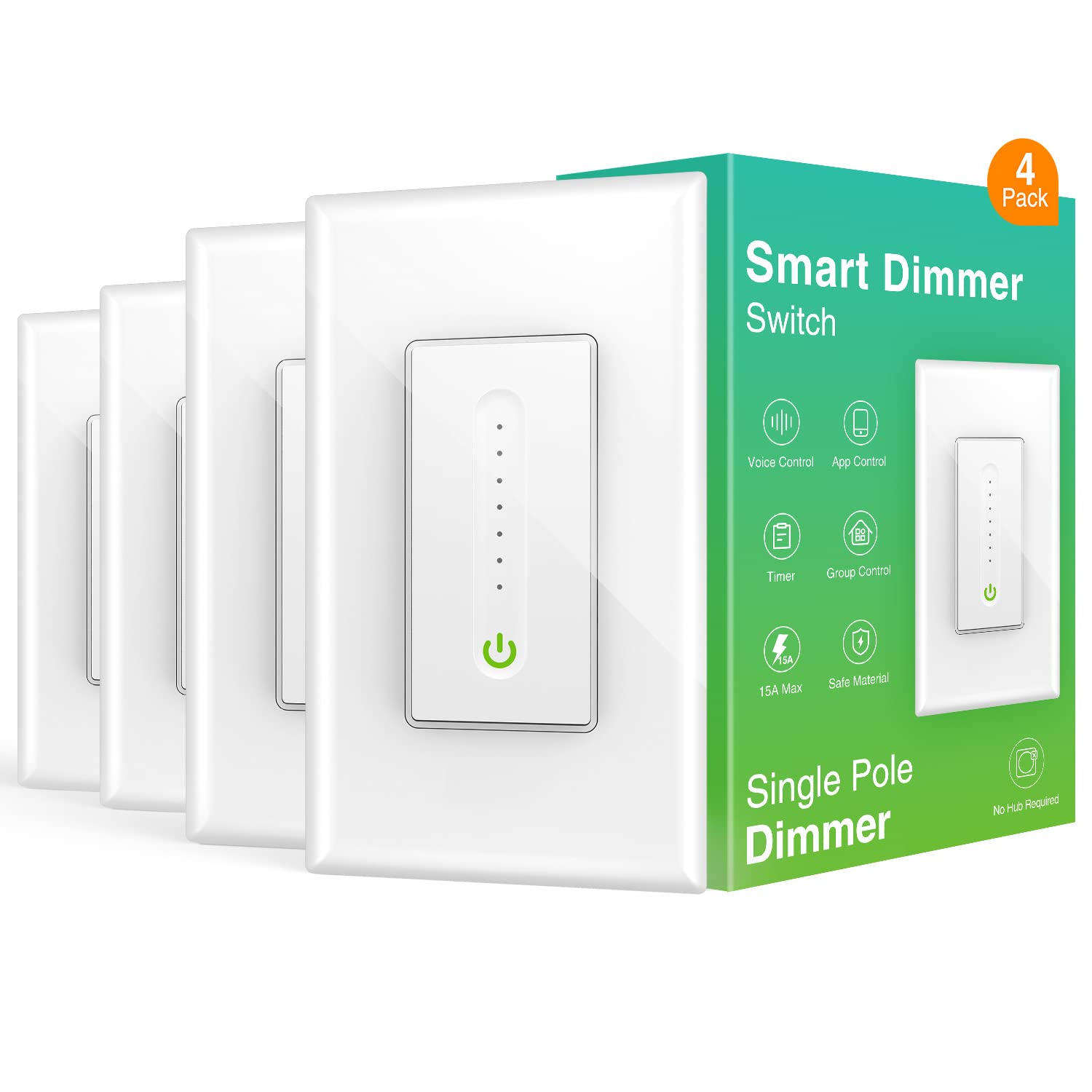OHMAX Smart Dimmer Switch Works with Alexa, Google Assistant, Single Pole, 2.4GHz Wi-Fi Switch for Dimmable LED/CFL/INC Light Bulbs, FCC/UL Certified, Neutral Wire Required, 4 Pack