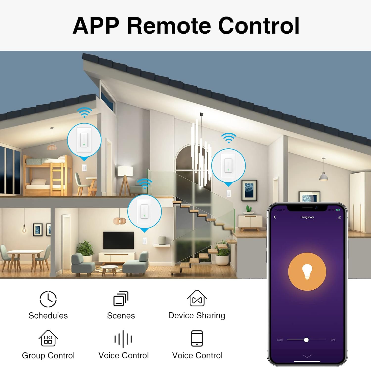 OHMAX Smart Dimmer Switch Works with Alexa, Google Assistant, Single Pole, 2.4GHz Wi-Fi Switch for Dimmable LED/CFL/INC Light Bulbs, FCC/UL Certified, Neutral Wire Required, 4 Pack