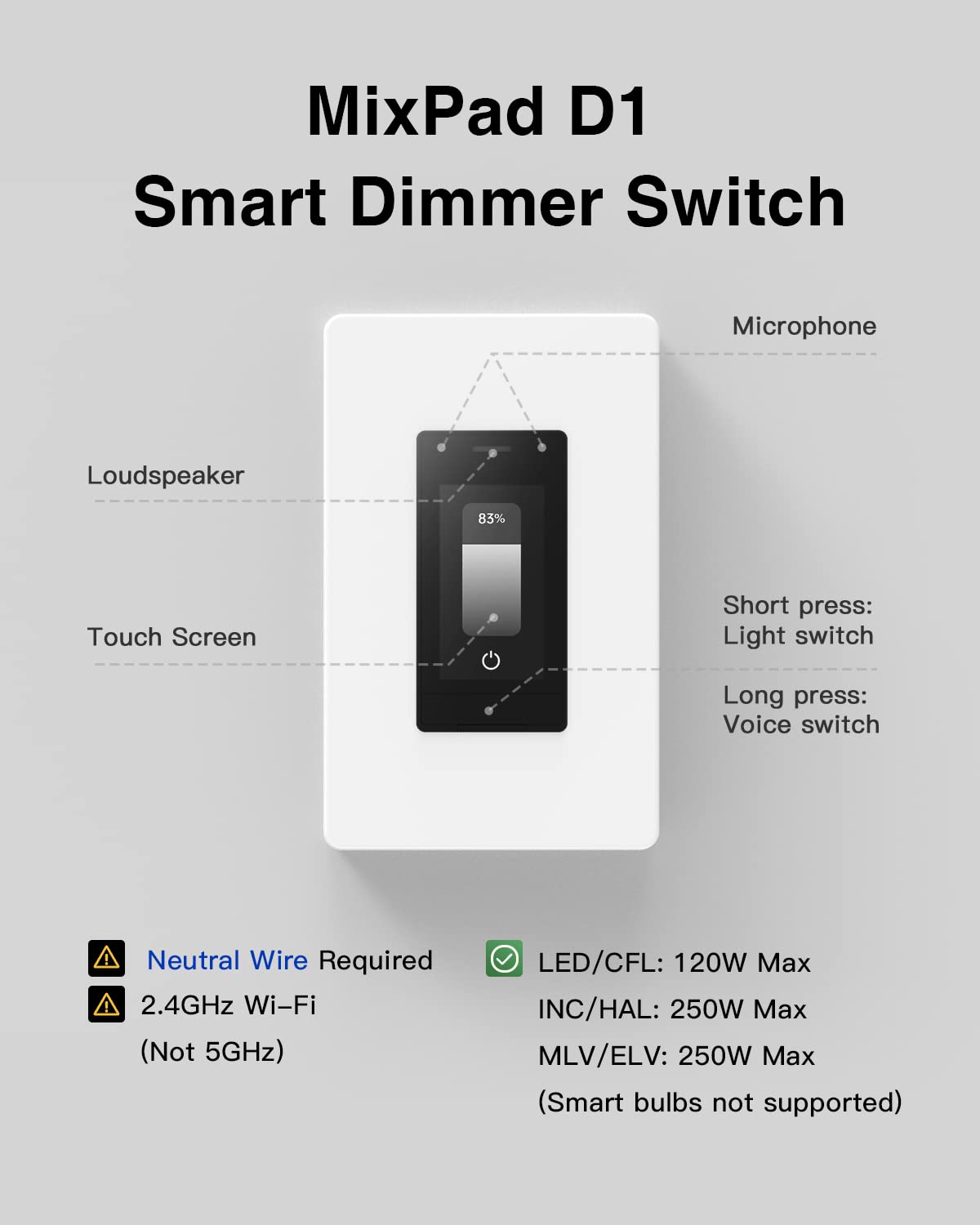 ORVIBO Matter Smart Touchscreen Dimmer Switch, 2.4GHz Smart Light Switch with Home Talk, Works with Amazon Alexa and Google Home, Single Pole and Neutral Wire Required (Dimmer)