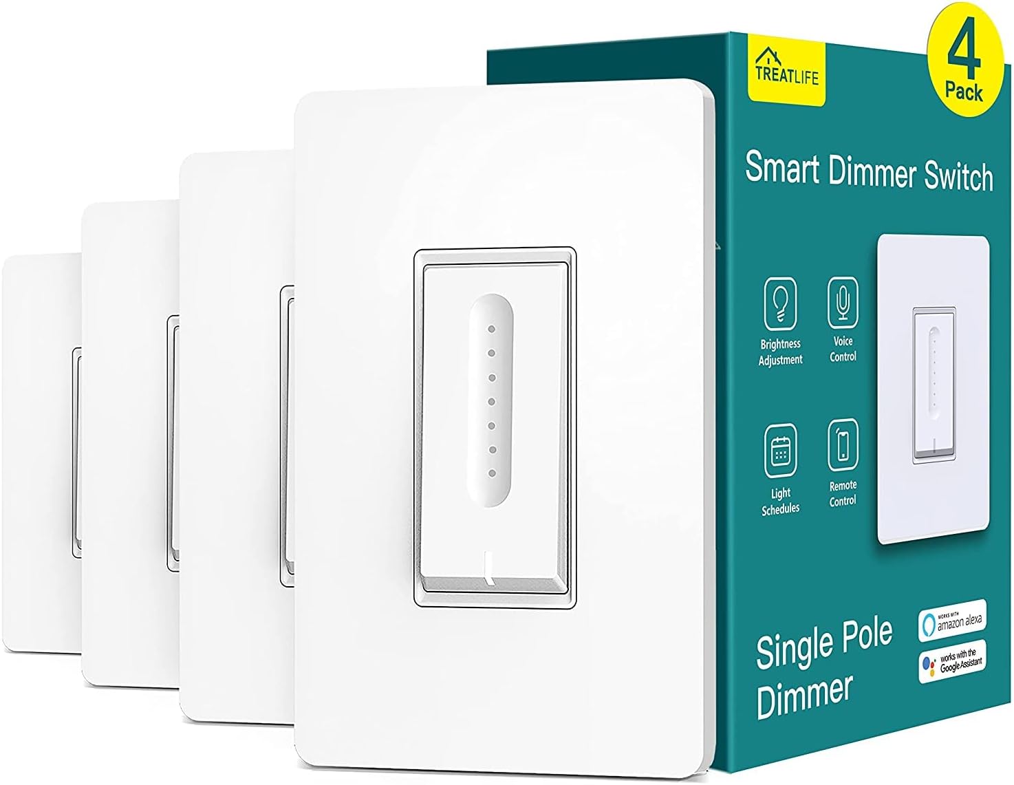 TREATLIFE Smart Dimmer Switch 4 Pack, Smart Light Switch Works with Alexa and Google Home, 2.4GHz WiFi Smart Switch for Dimmable LED/CFL/Incandescent Bulbs, Neutral Wire Required, Single-Pole