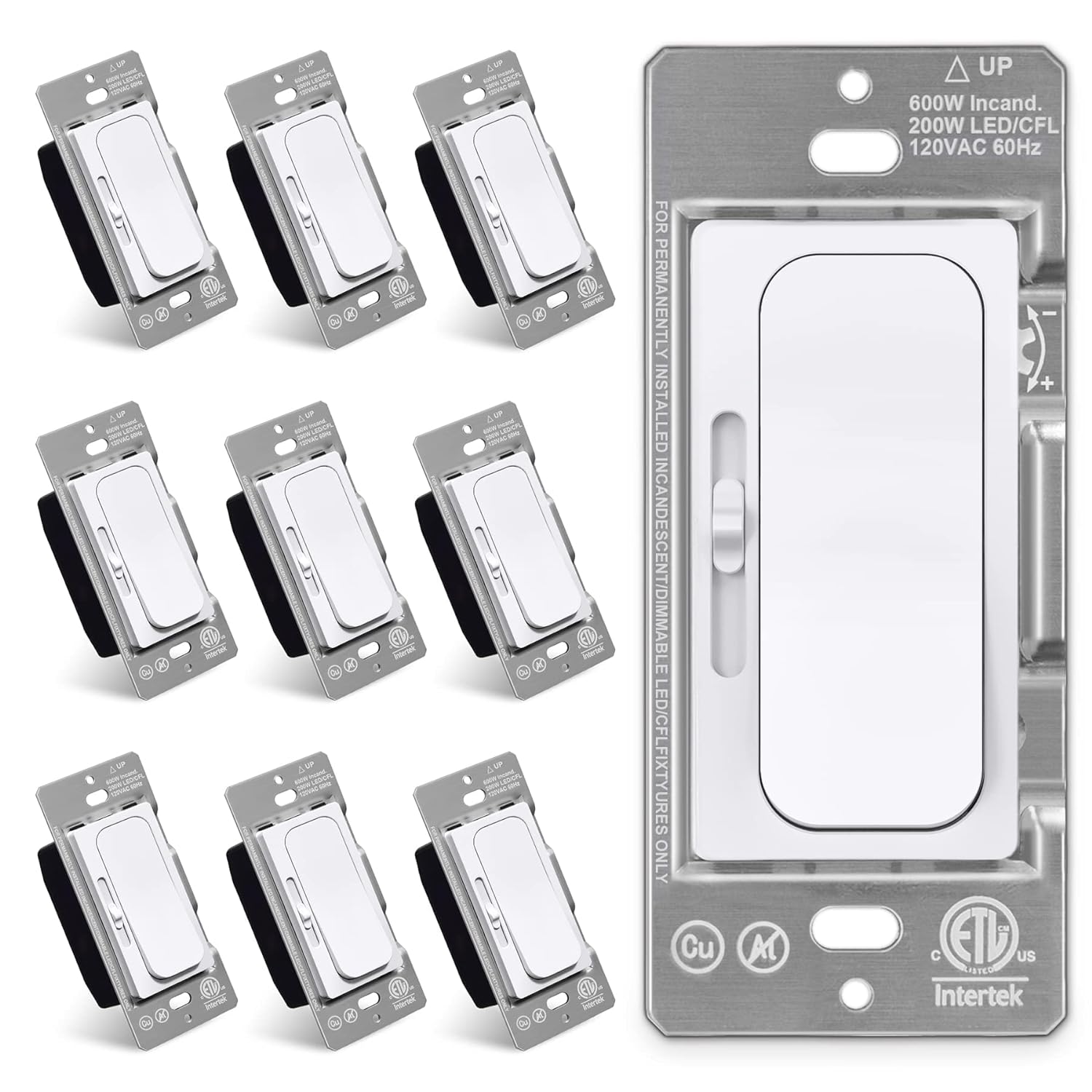 [10 Pack] BESTTEN Slim Digital Dimmer Switch with MCU Smart-chip Technology offering Widest Compatibility Range, Quiet Rocker, for Dimmable LED, CFL, Incandescent, Halogen, cETL Listed, Snow White
