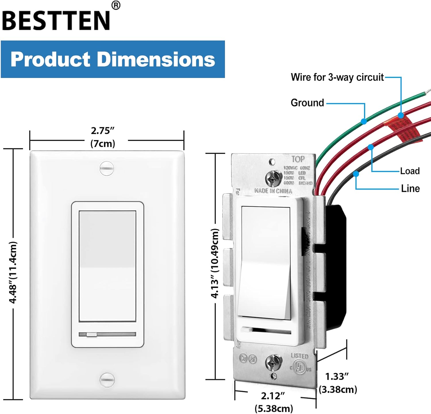[2 Pack] BESTTEN Dimmer Light Switch, Universal Lighting Control, Single Pole or 3 Way, Compatible with LED Dimmable Lamp, CFL, Incandescent, Halogen Bulb, Wallplate Included, cUL Listed, White
