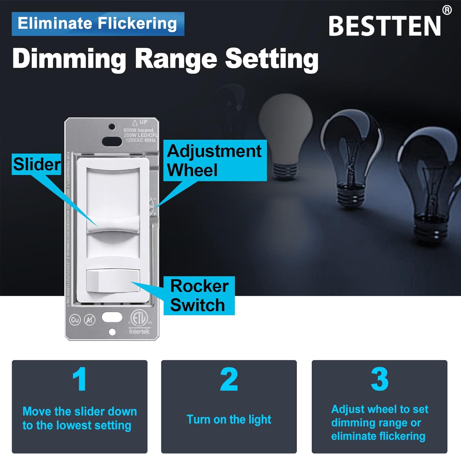 [6 Pack] BESTTEN Ultra Slim Dimmer Switch with MCU Smart-chip Technology, Single-Pole or 3-Way, Dimmable Light Switch for LED, CFL, Halogen and Incandescent Bulbs, cETL Listed, Snow White
