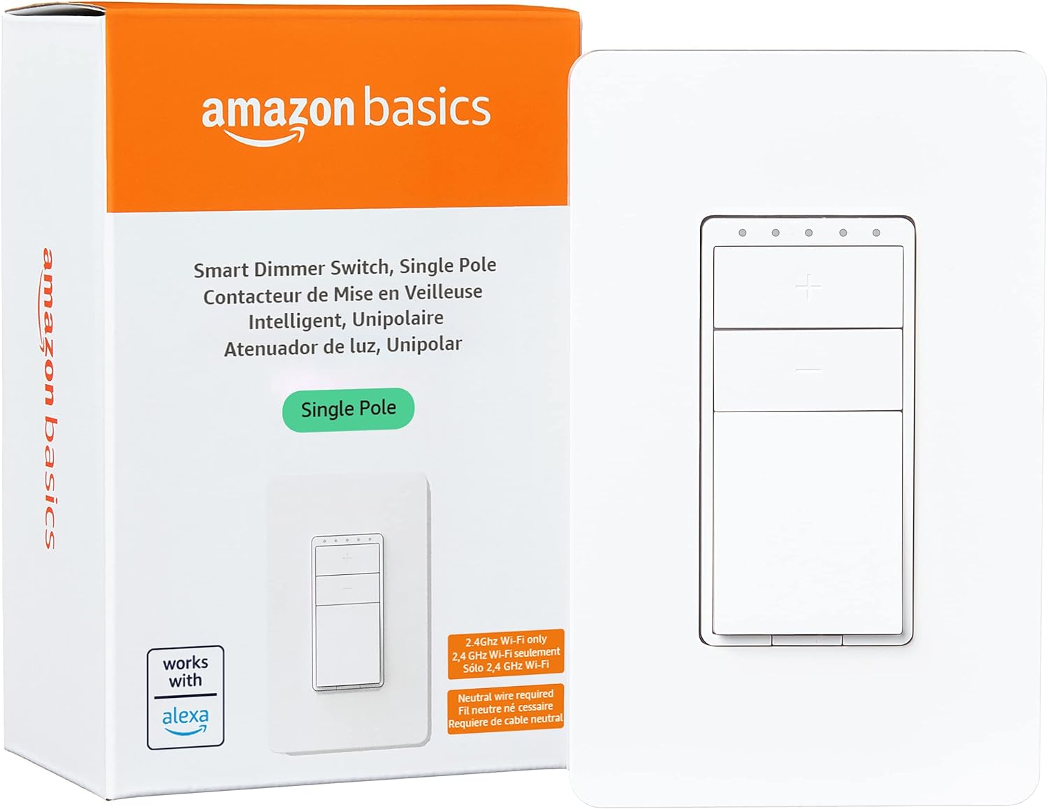 Amazon Basics Single Pole Smart Dimmer Switch, Works with Alexa, Neutral Wire Required - A Certified for Humans Device