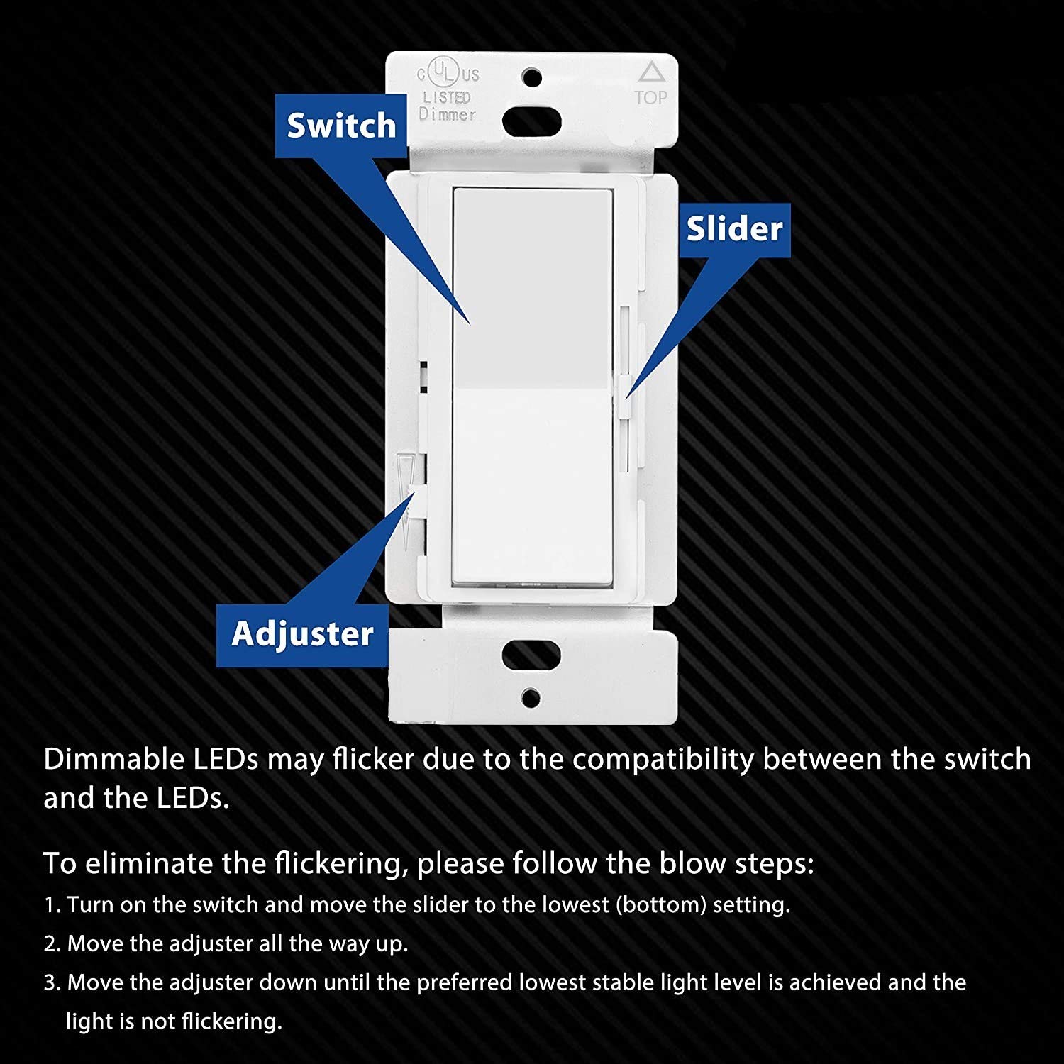 Dimmer Light Switch, Single-Pole or 3-Way. 3 Years Warranty, White