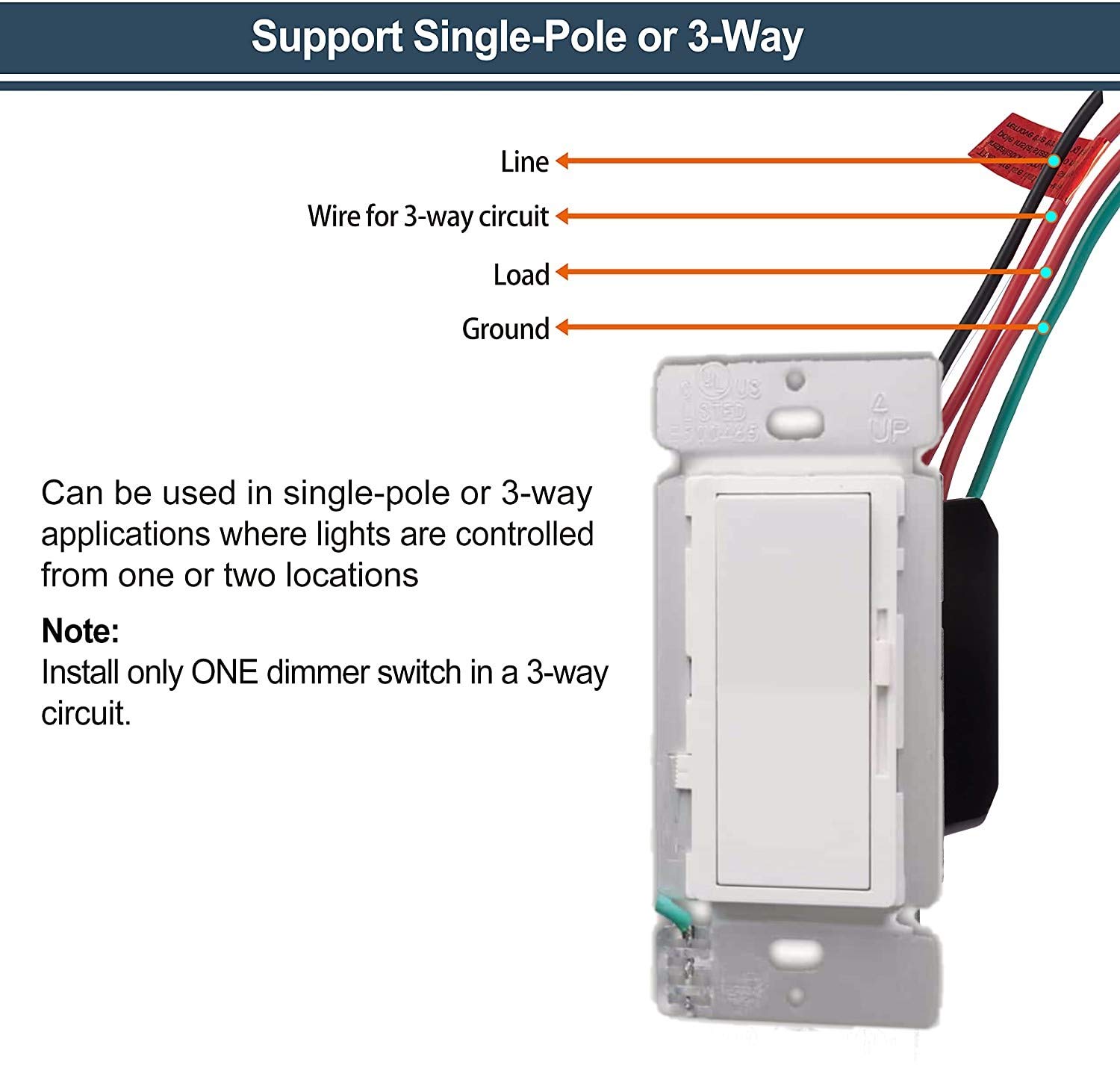 Dimmer Light Switch, Single-Pole or 3-Way. 3 Years Warranty, White