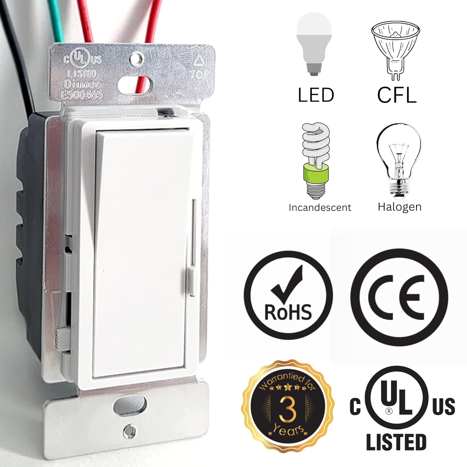 Dimmer Light Switch, Single-Pole or 3-Way. 3 Years Warranty, White