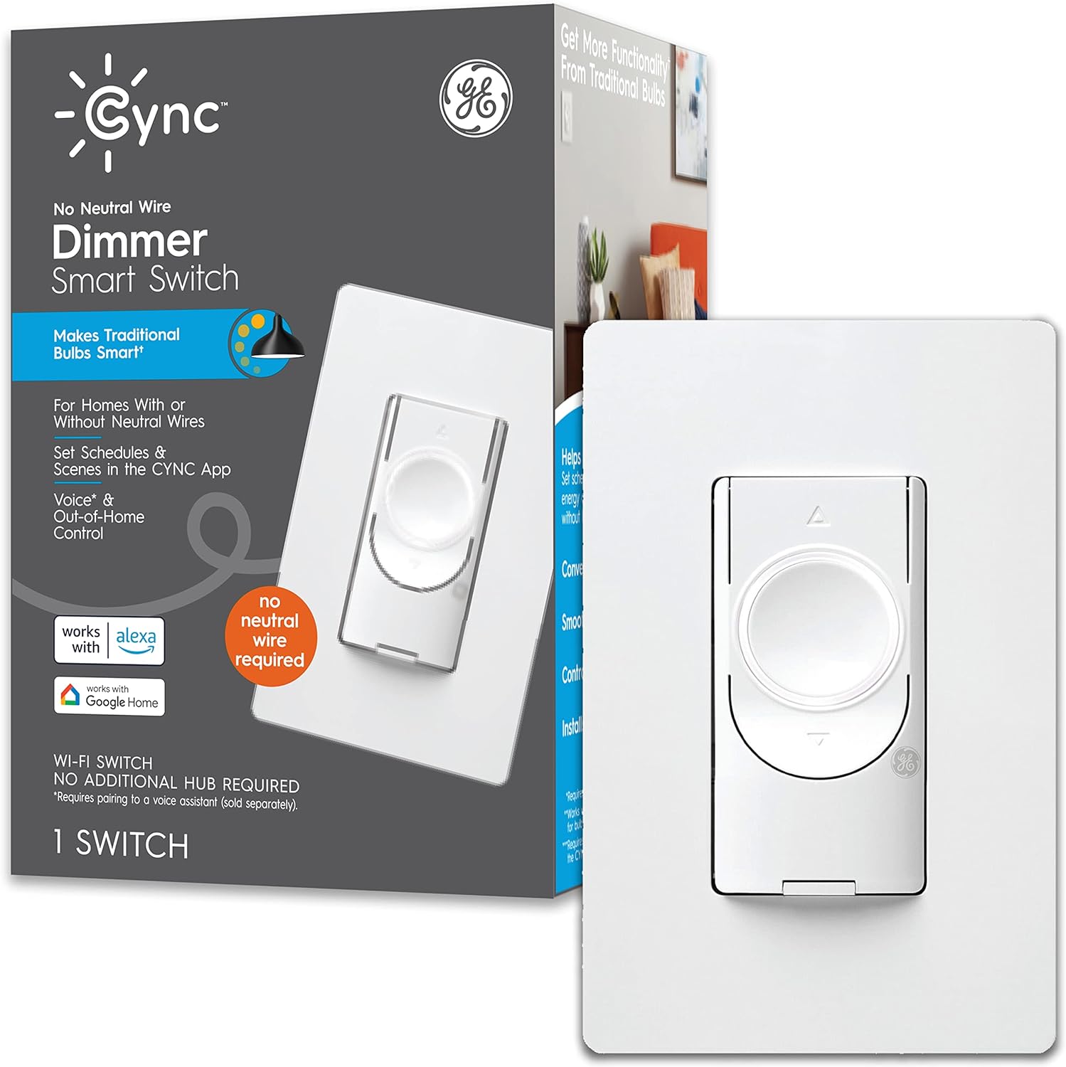 GE CYNC Smart Dimmer Light Switch, No Neutral Wire Required, Bluetooth and 2.4 GHz Wi-Fi 3-Wire Switch, Works with Alexa and Google (1 Pack)