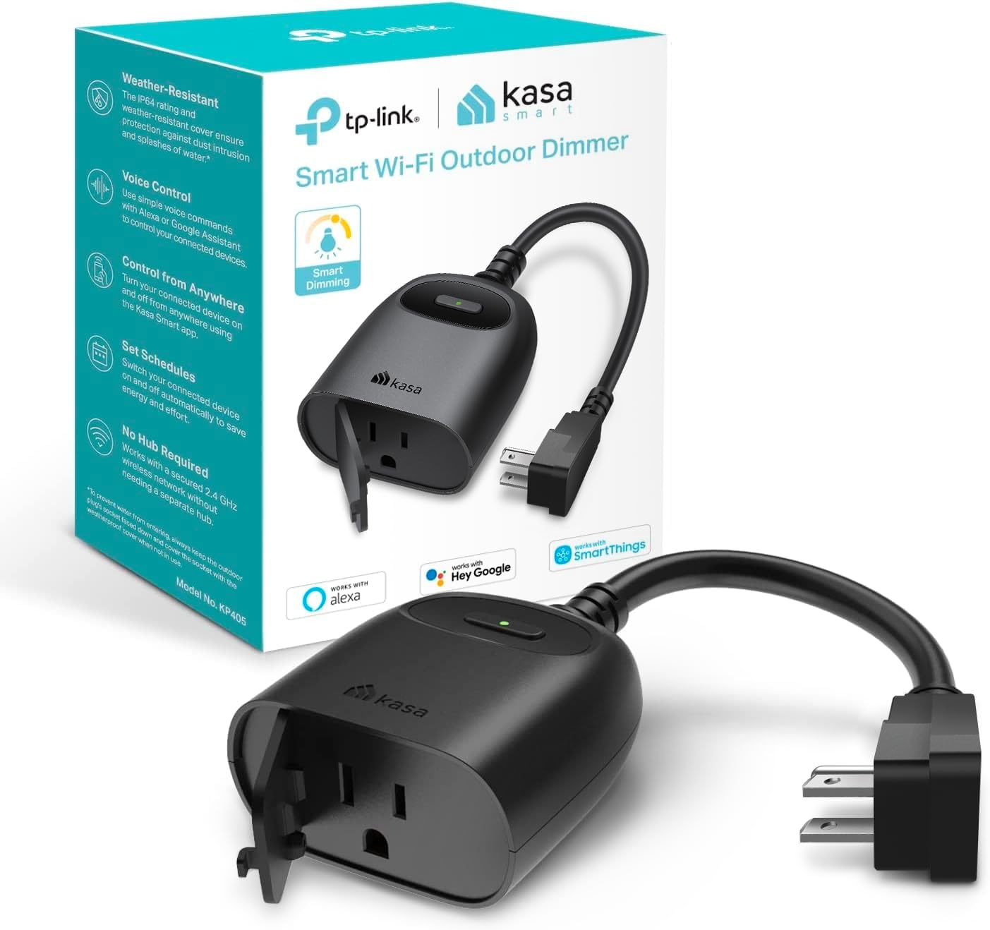 Kasa Smart Outdoor Dimmer Plug by TP-Link (KP405) - IP64 Waterproof Plug for Outdoor String Lights, Works with Alexa, Long Wi-Fi Range, 2.4GHz WiFi Required, No Hub Required, ETL Certified Black