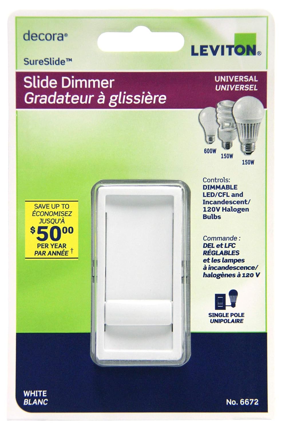 Leviton 06672-742-HLW Universal Decora Dimmable LED, CFL and Incandescent SureSlide Slide Dimmer (5-Pack)