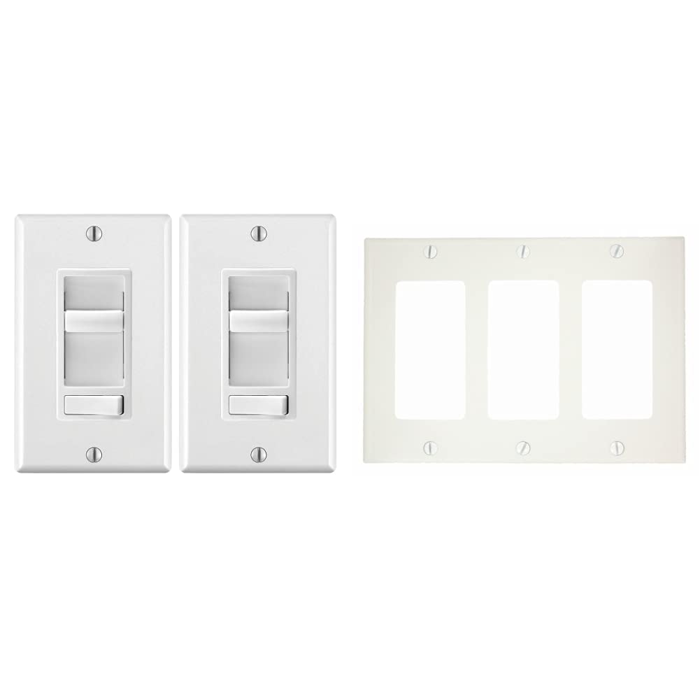 Leviton 2 Pack Decora SureSlide Universal LED Dimmer, 600W-120VAC Incandescent and 150W-120VAC Dimmable LED and CFL, 60Hz, White  80411-NW 3 Gang Decora/GFCI Device Wall Plate, Standard Size, White