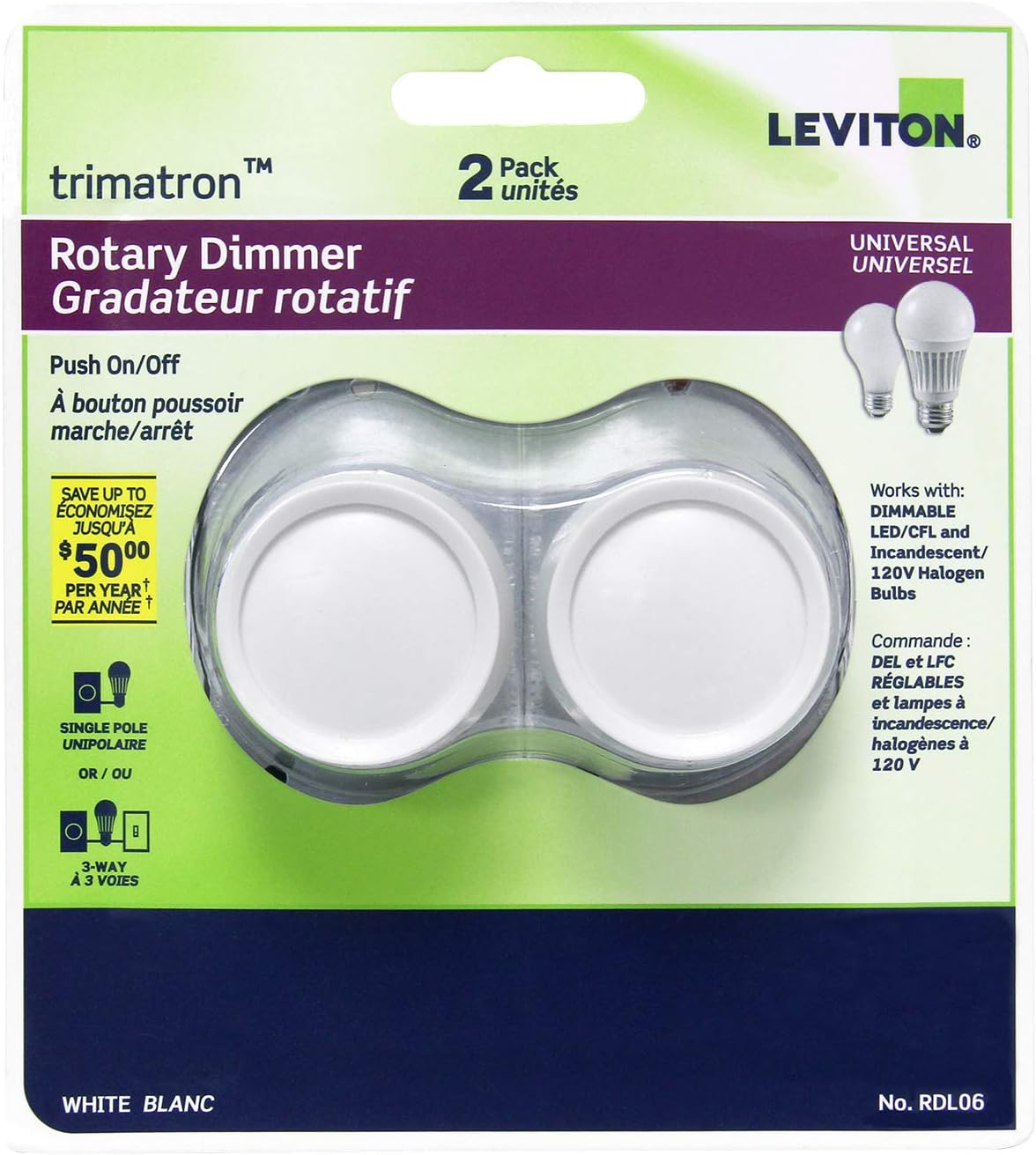 Leviton 2PK-RDL06 Rotary Dimmer Universal Dimmable LED, CFL, Incandescent and Halogen Trimatron Push ON/Push Off (2 Pack)