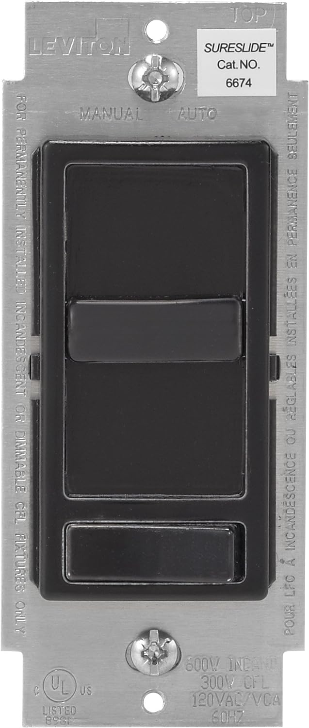 Leviton 6674-P0E SureSlide Universal 150-Watt LED and CFL/600-Watt Incandescent Dimmer, Black,1 Pack