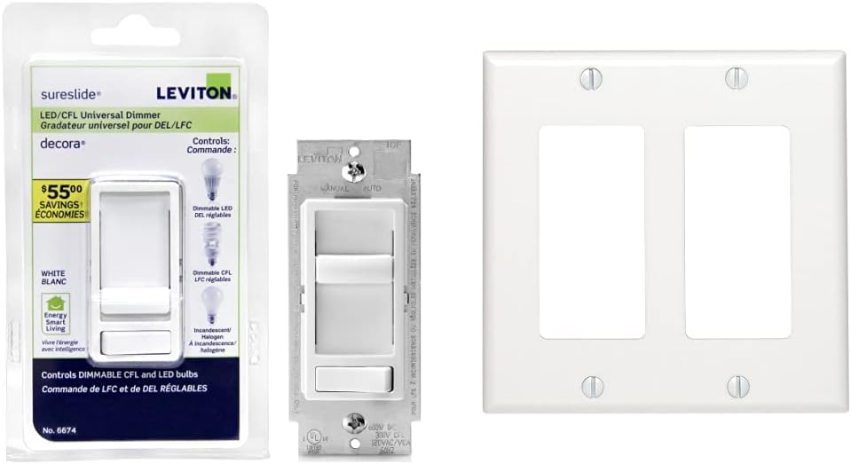 Leviton 6674-P0W SureSlide Universal 150-Watt LED and CFL/600-Watt Incandescent Dimmer, White  80409-W 2-Gang Decora/GFCI Device Wallplate, Standard Size, Thermoset, Device Mount, White