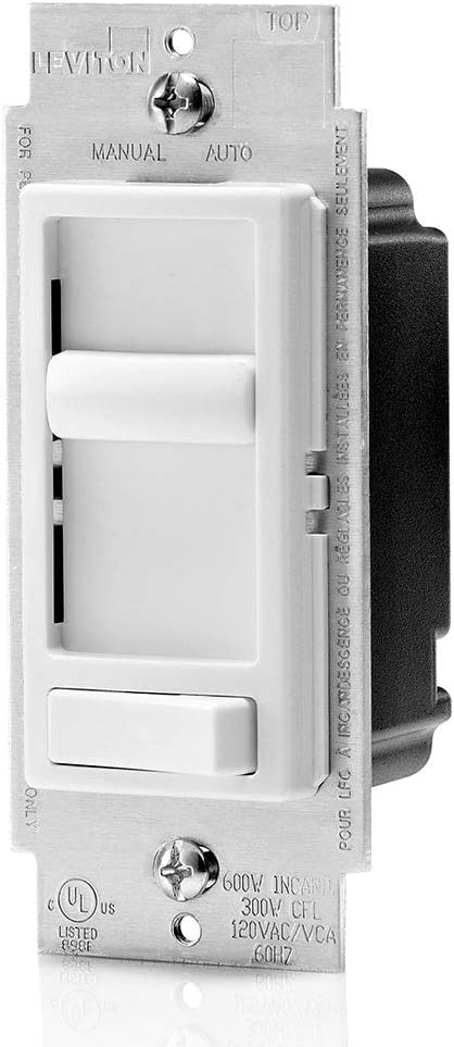 Leviton 6674-P0W SureSlide Universal 150-Watt LED and CFL/600-Watt Incandescent Dimmer, White  80409-W 2-Gang Decora/GFCI Device Wallplate, Standard Size, Thermoset, Device Mount, White