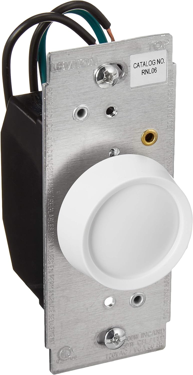 Leviton RNL06-10Z Universal Rotary Dimmer, Turn On/off, Single Pole, 600W - 120VAC Incandescent 150W LED/CFL. White Knob Assembled, Ivory And Lt Almond Knobs Included. Two Black Leads, One Green Ground Lead, (2) Mounting Screws Mounted To Strap With Retaining Washers,