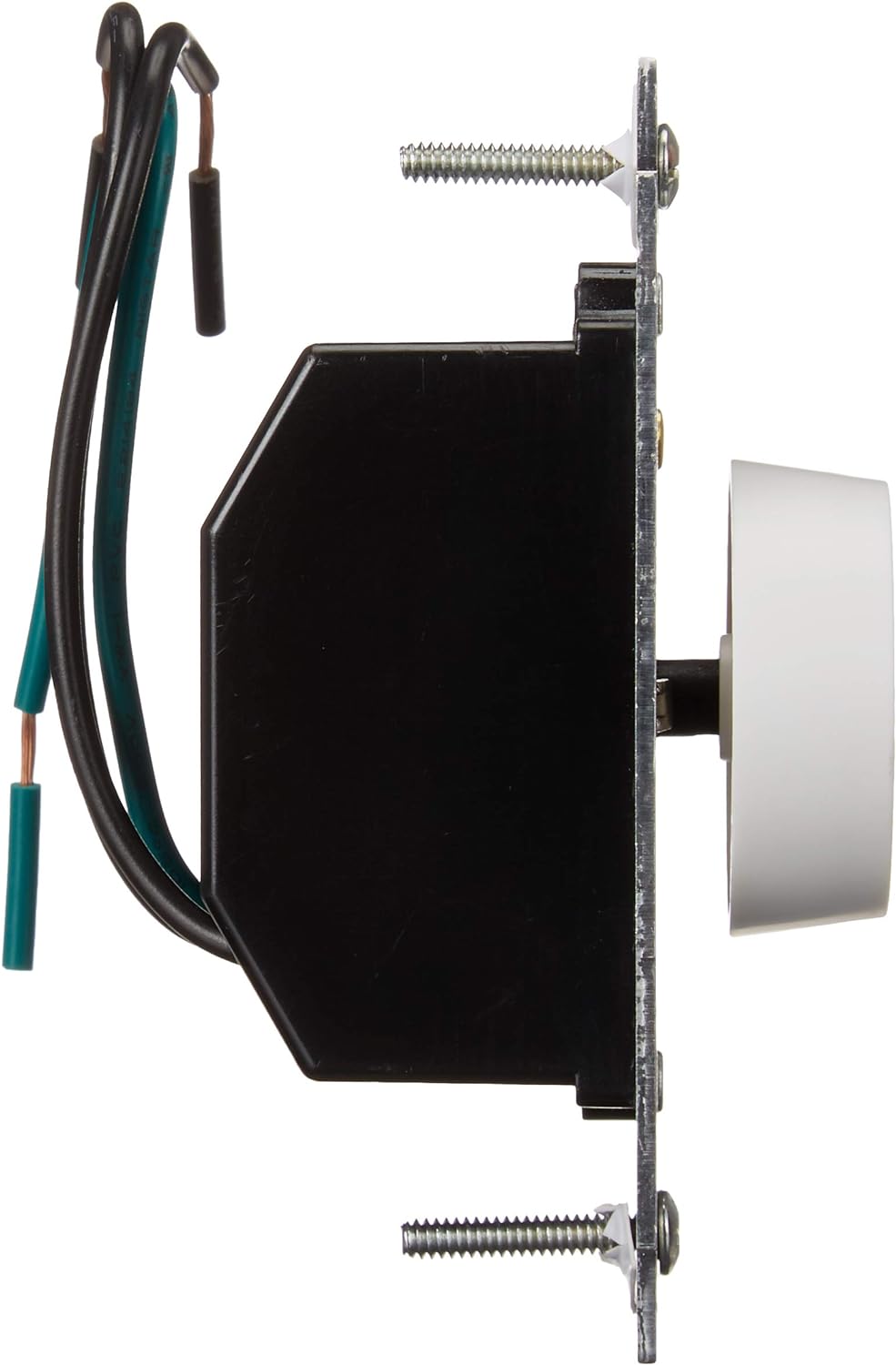 Leviton RNL06-10Z Universal Rotary Dimmer, Turn On/off, Single Pole, 600W - 120VAC Incandescent 150W LED/CFL. White Knob Assembled, Ivory And Lt Almond Knobs Included. Two Black Leads, One Green Ground Lead, (2) Mounting Screws Mounted To Strap With Retaining Washers,