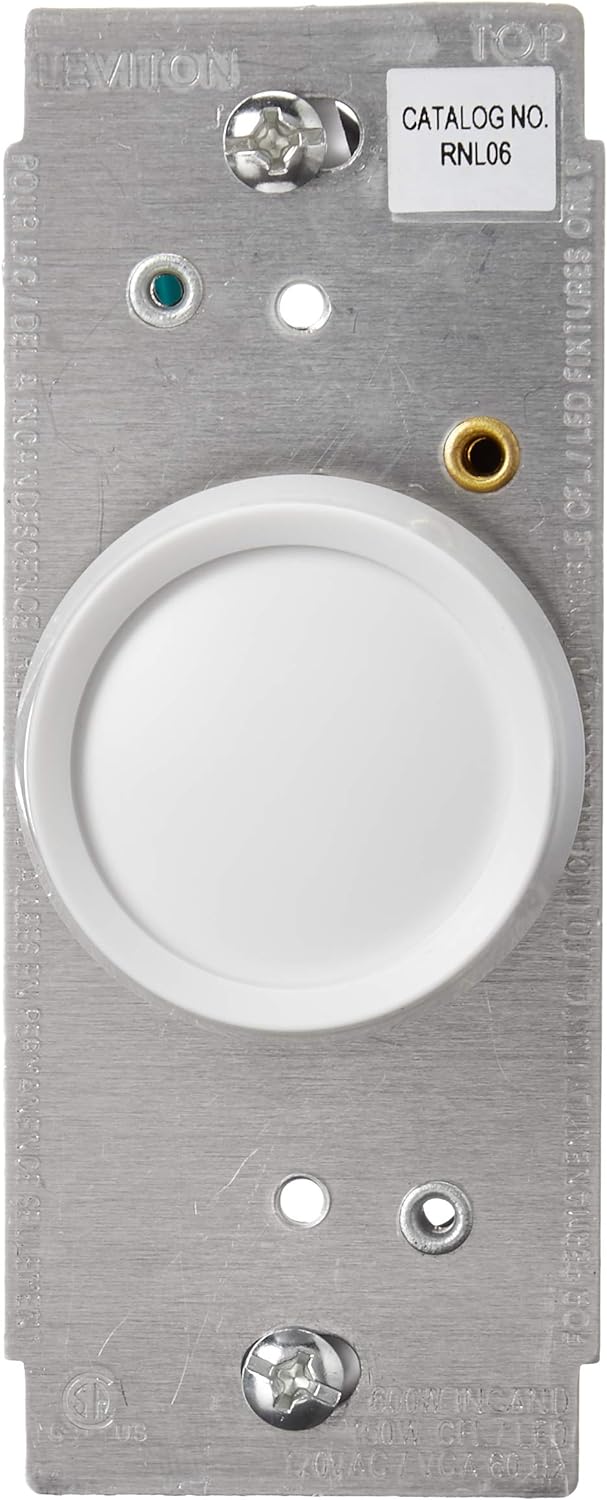 Leviton RNL06-10Z Universal Rotary Dimmer, Turn On/off, Single Pole, 600W - 120VAC Incandescent 150W LED/CFL. White Knob Assembled, Ivory And Lt Almond Knobs Included. Two Black Leads, One Green Ground Lead, (2) Mounting Screws Mounted To Strap With Retaining Washers,
