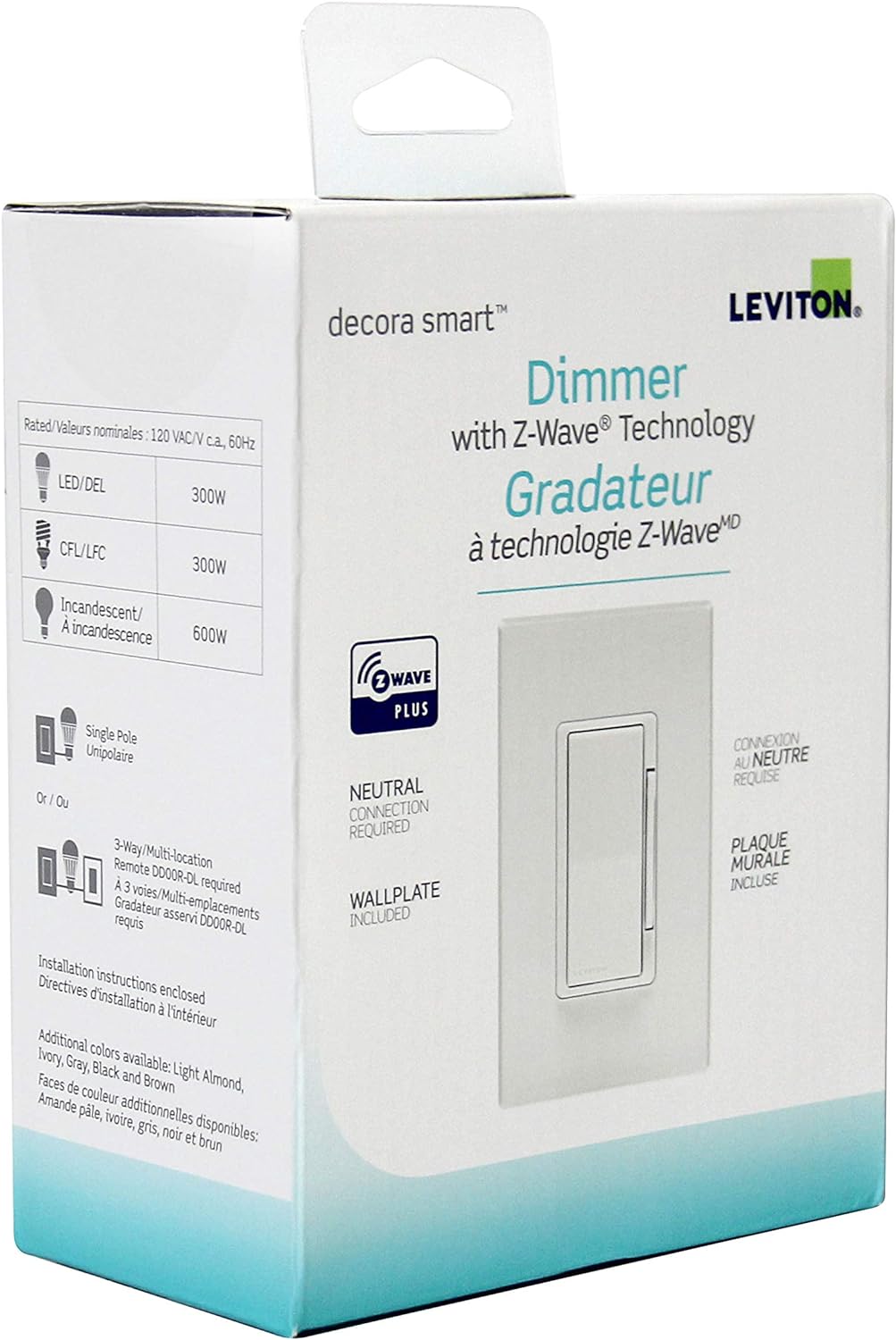 Leviton Smart Dimmer, Z-Wave, Leviton Decora Z-Wave Controls Universal Dimmer, DZ6HD-751-1RZ, White/Ivory/Light Almond