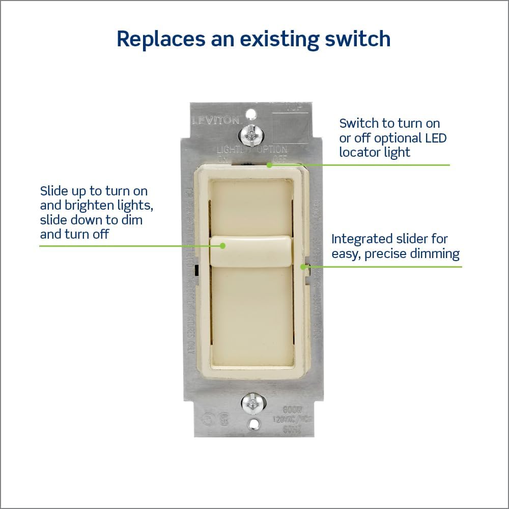 Leviton SureSlide Dimmer Switch for Dimmable LED, Halogen and Incandescent Bulbs, 6672-1LW, White