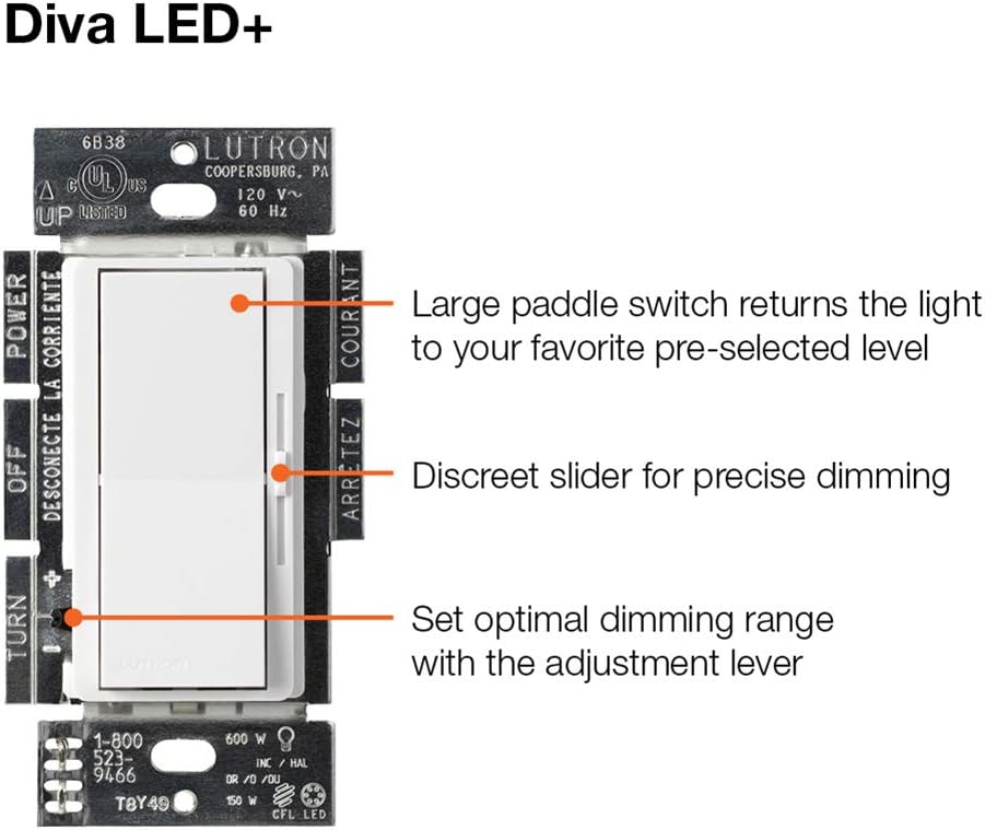Lutron Diva LED+ Dimmer Switch for Dimmable LED, Halogen and Incandescent Bulbs, Single-Pole or 3-Way, DVCL-153P-WH, White (2-Pack)