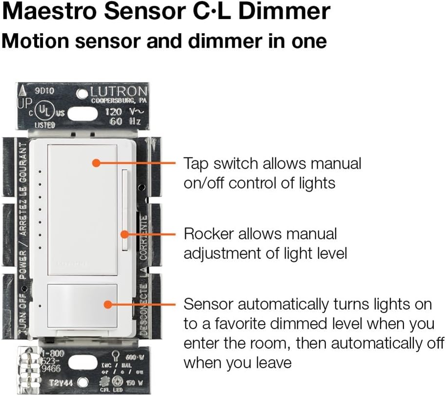 Lutron Maestro LED+ Motion Sensor Dimmer Switch | No Neutral Required | MSCL-OP153M-WH | White