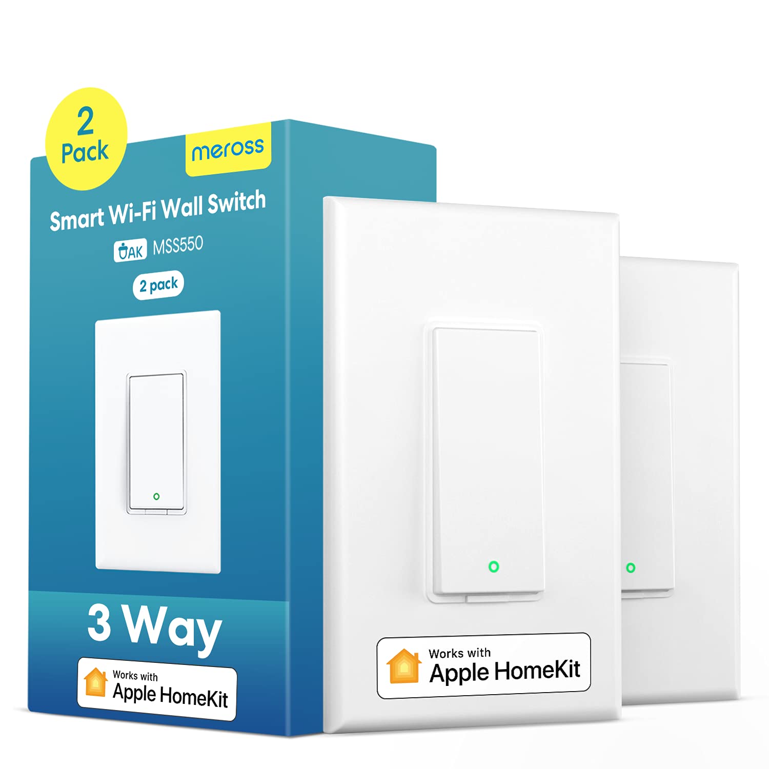 meross 3-Way Smart Switch, Neutral Wire Required, Compatible with Apple HomeKit, Alexa, Hey Google and SmartThings, Single Pole  3-Way, 2.4GHz Wi-Fi, Remote and Voice