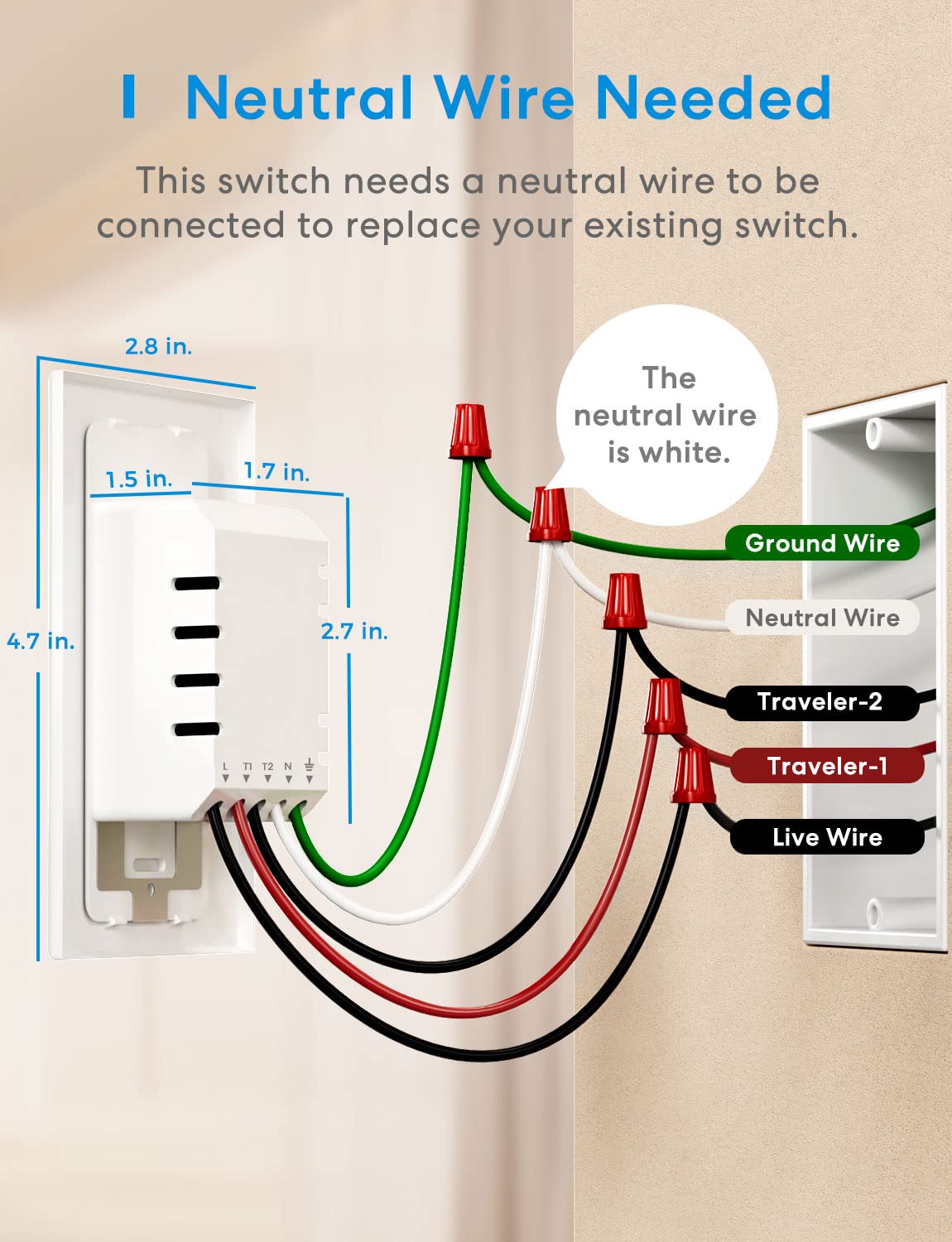 meross 3-Way Smart Switch, Neutral Wire Required, Compatible with Apple HomeKit, Alexa, Hey Google and SmartThings, Single Pole  3-Way, 2.4GHz Wi-Fi, Remote and Voice