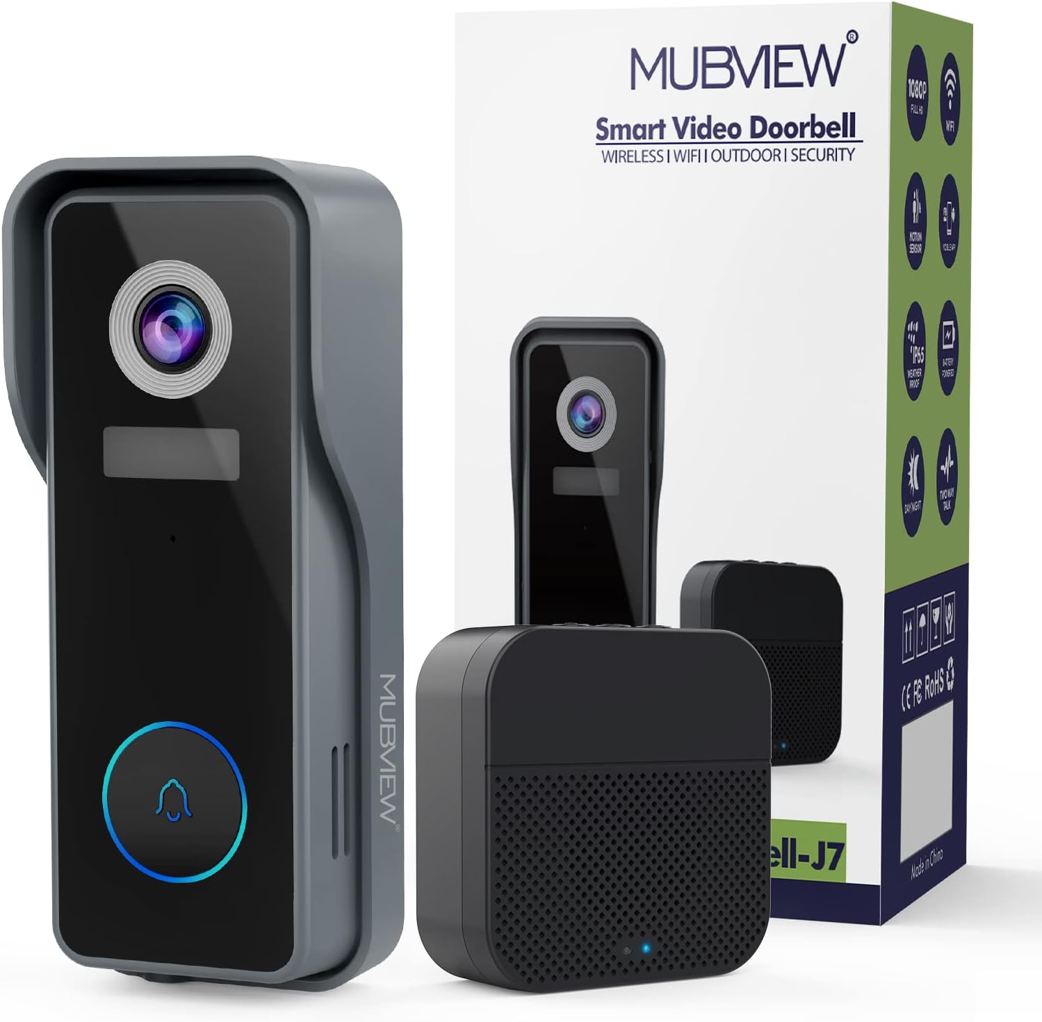 MUBVIEW Wireless Doorbell Camera with Chime, WiFi Video Doorbell Camera with Voice Chager, Motion Detector, Anti-Theft Device, 2K HD, Night Vision, 2-Way Audio, Storage (Optional)