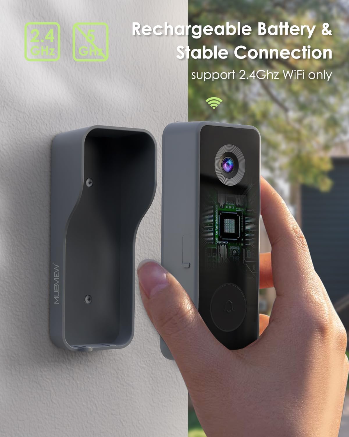 MUBVIEW Wireless Doorbell Camera with Chime, WiFi Video Doorbell Camera with Voice Chager, Motion Detector, Anti-Theft Device, 2K HD, Night Vision, 2-Way Audio, Storage (Optional)