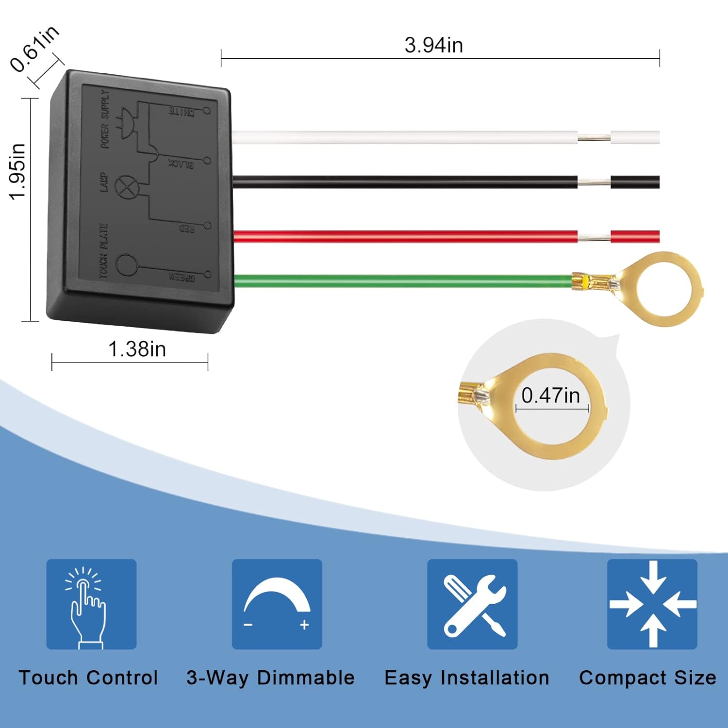 Touch Dimmer Switch 2 Pack, 3 Way Touch Control Modules, Replacement Sensor with 3 Levels Dimming Function, Desk Lamp Switch Repair Kits with Wire Caps, Fit Dimmable LED, Incandescent, Halogen Bulbs