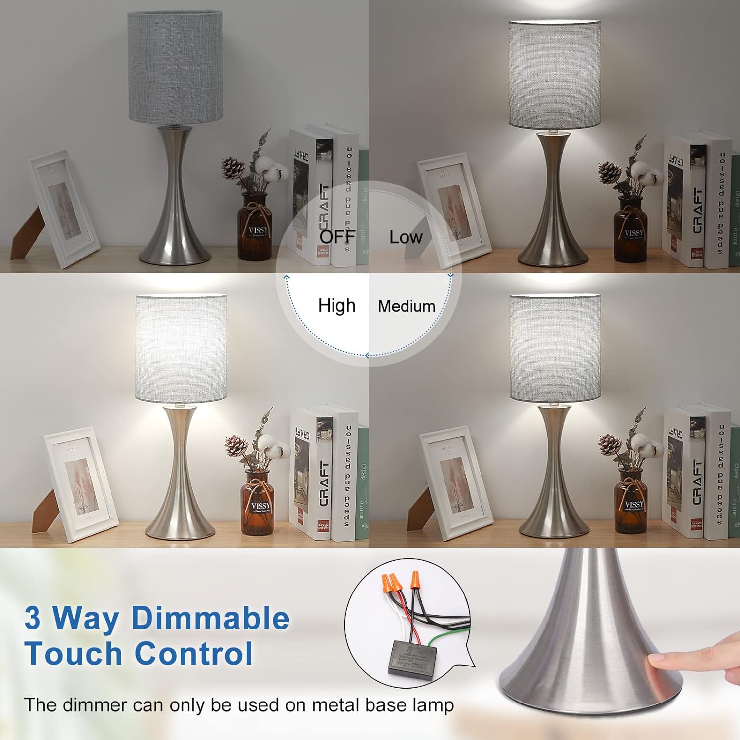 Touch Dimmer Switch 2 Pack, 3 Way Touch Control Modules, Replacement Sensor with 3 Levels Dimming Function, Desk Lamp Switch Repair Kits with Wire Caps, Fit Dimmable LED, Incandescent, Halogen Bulbs