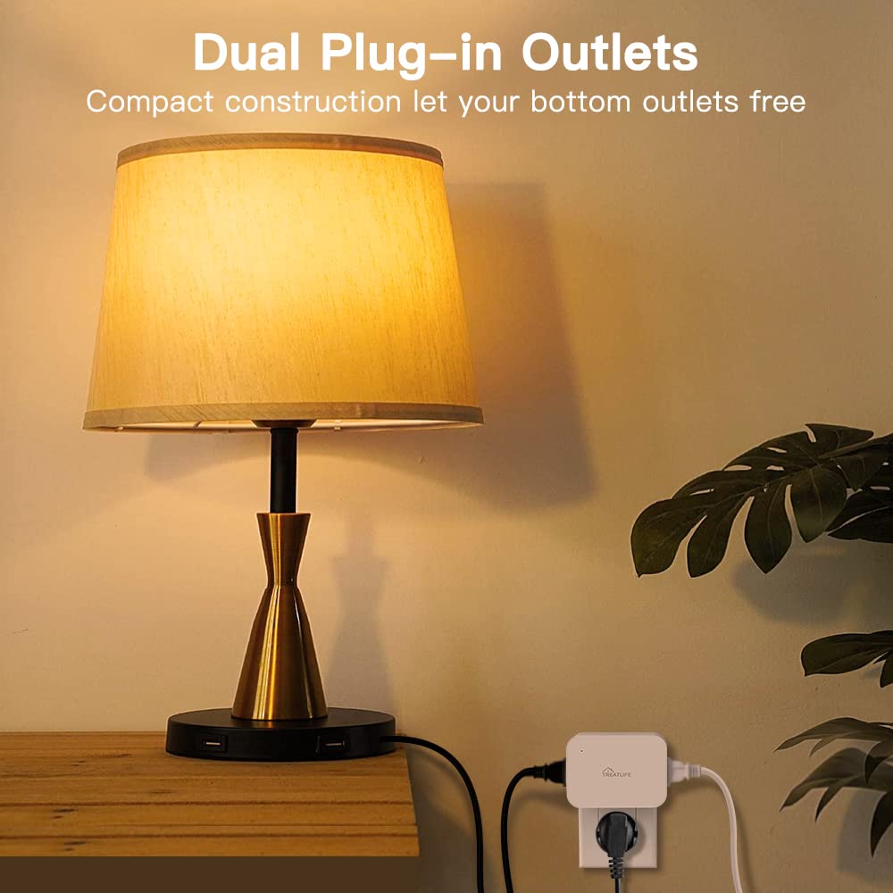 TREATLIFE 2 In 1 Dual Outlets Smart Dimmer Plug, Plug-in Lamp Dimmer for Dimmable LED, CFL, Halogen and Incandescent Bulbs, Lamps, String Lights, Max Power 300W, 2.4GHz WiFi Only
