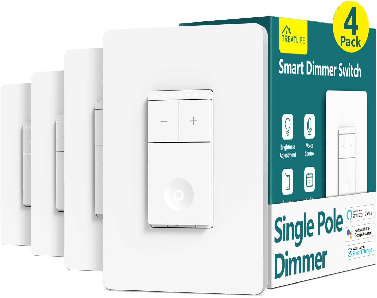TREATLIFE Smart Dimmer Switch, Single Pole Smart Light Switch, Works with Alexa and Google Home, Neutral Wire Needed, 2.4Ghz Wi-Fi, Schedule, Remote Control, FCC Listed, 4 Pack