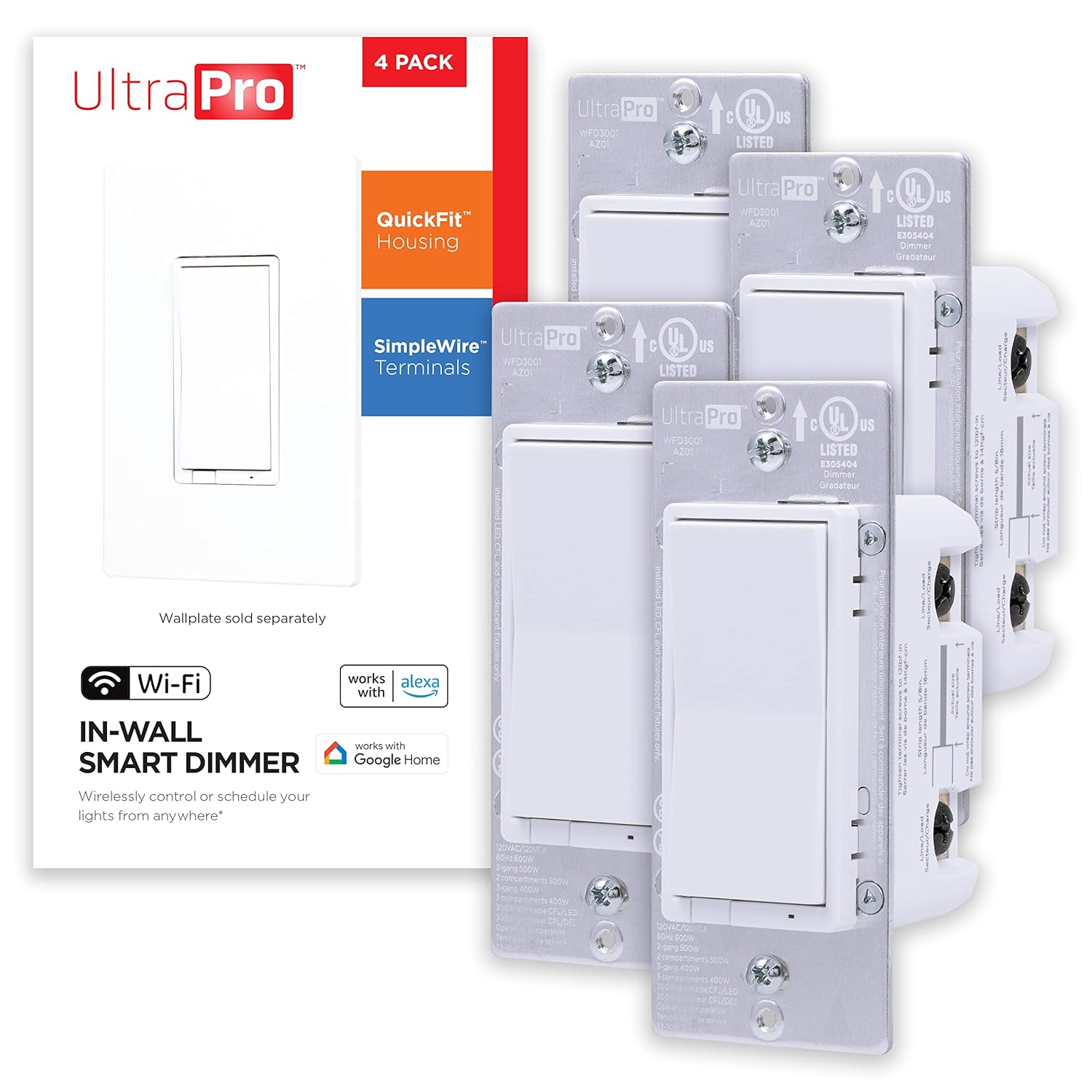 UltraPro Smart Switch, 2.4GHz Wi-Fi Smart Dimmer Switch, QuickFit  SimpleWire, 3 Way Switch, Works with Alexa, Google Assistant, No Hub Needed, UL Certified, Needs Neutral Wire, White, 4 Pack, 51414