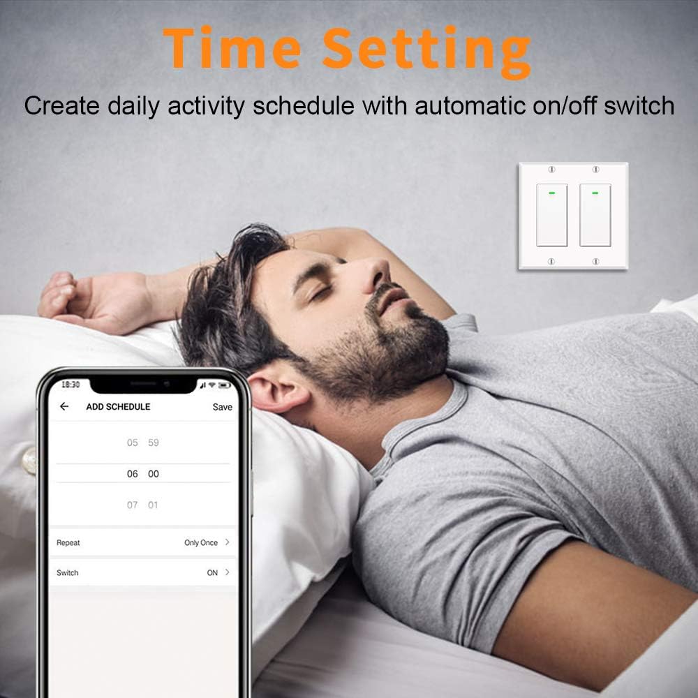 Alexa Light Switch, Double Smart WiFi Light Switches, Smart Switch 2 Gang Compatible with Alexa and Google Home, Neutral Wire Needed, with Remote Control, Timing Schedule, No hub Required 2 Gang