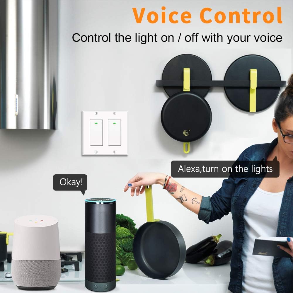 Alexa Light Switch, Double Smart WiFi Light Switches, Smart Switch 2 Gang Compatible with Alexa and Google Home, Neutral Wire Needed, with Remote Control, Timing Schedule, No hub Required 2 Gang