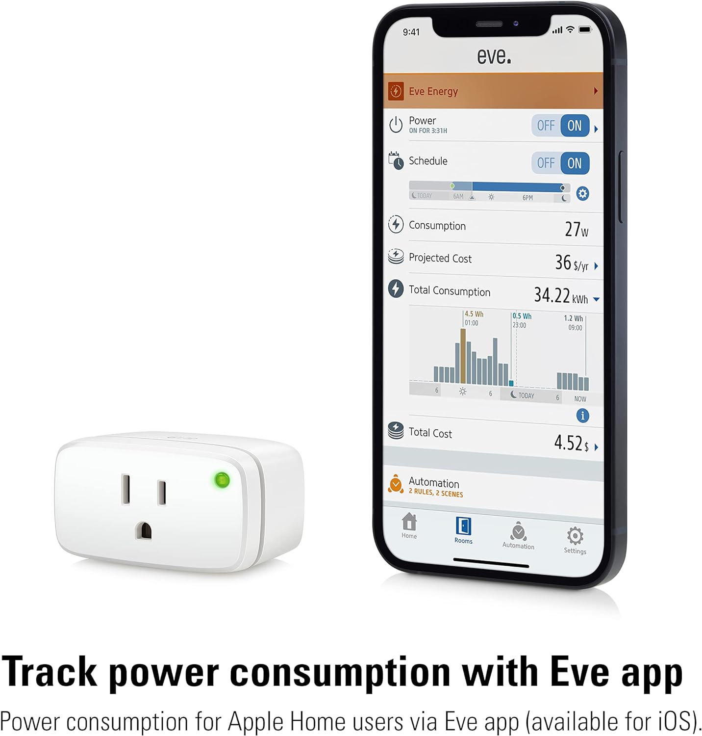 Eve Energy (Matter) 2 Pack - Smart Plug, App and Voice Control, 100% Privacy, Matter Over Thread, Works with Apple Home, Alexa, Google Home, SmartThings