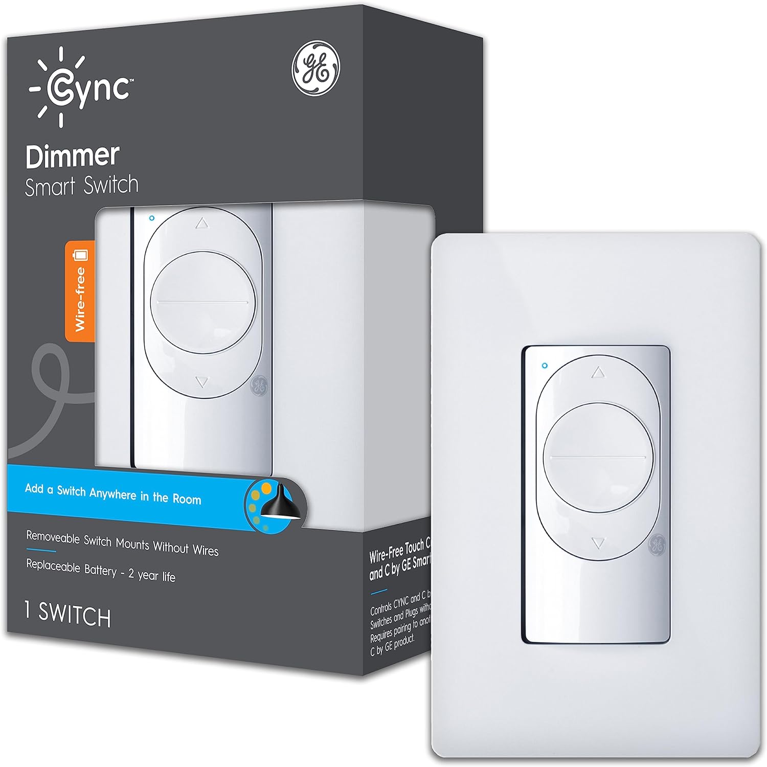 GE CYNC Smart Dimmer Light Switch, Wire-Free, Battery-Powered, Bluetooth and Wi-Fi Enabled