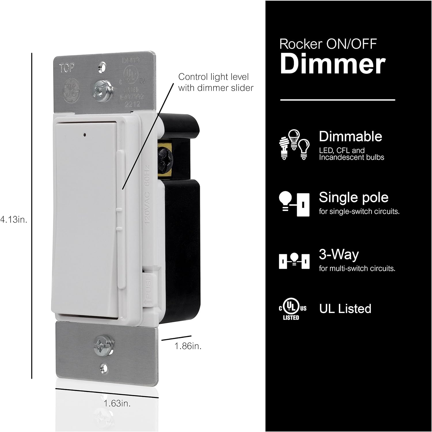 GE Slide Dimmer Rocker Wall Switch, Single Pole, for Dimmable LED, CFL, Incandescent Light, Bulbs, UL Listed, White, 10464