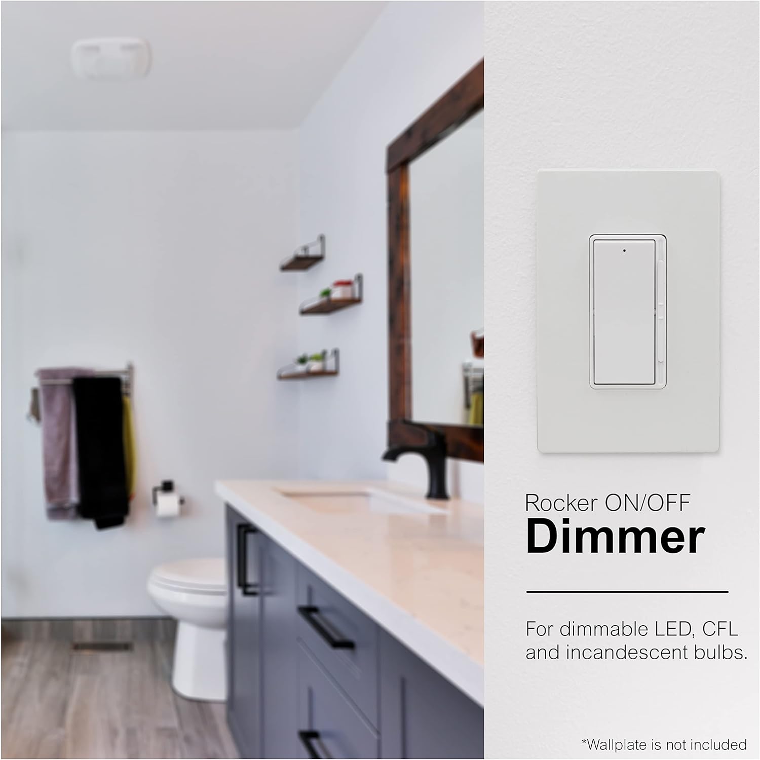 GE Slide Dimmer Rocker Wall Switch, Single Pole, for Dimmable LED, CFL, Incandescent Light, Bulbs, UL Listed, White, 10464