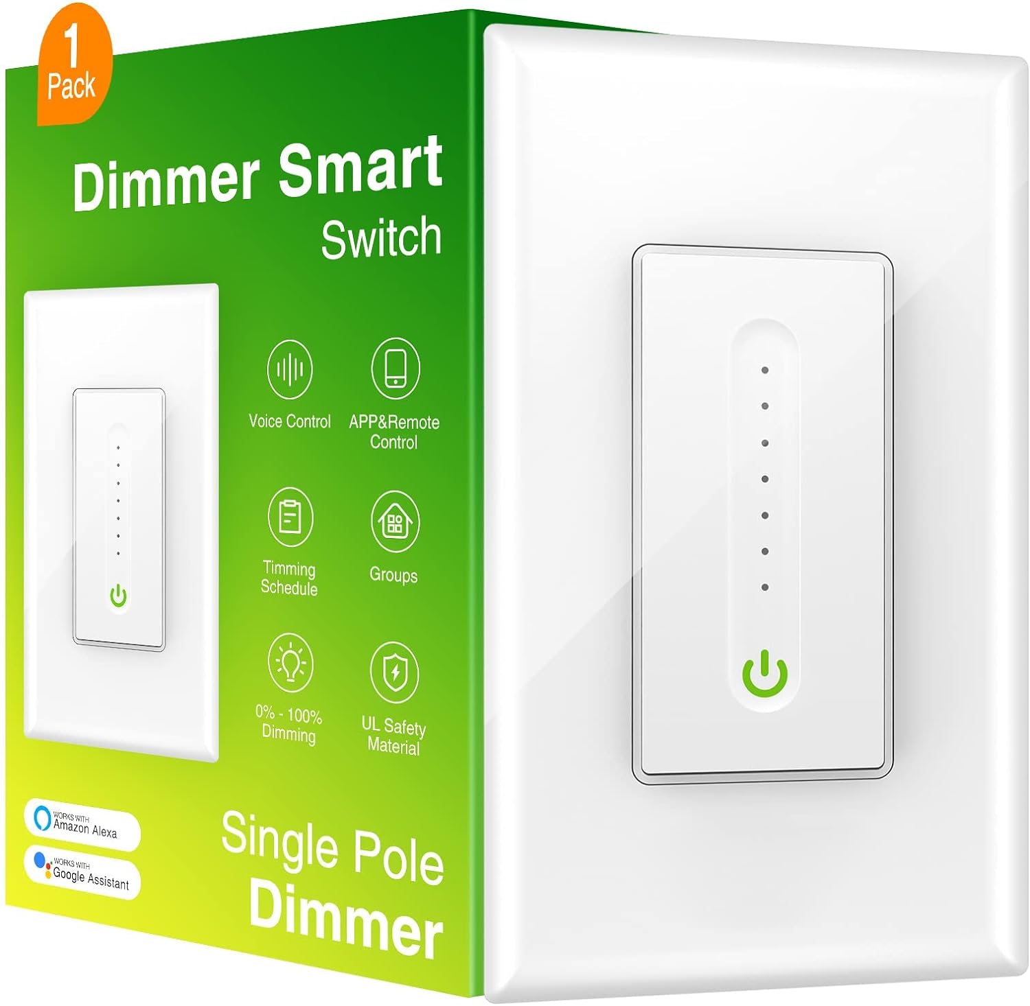 GHome Smart Dimmer Switch Works with Alexa and Google Assistant Single-Pole 2.4Ghz Wi-Fi Light Switch for Dimming Lights, FCC UL Certified,APP Remote and Voice Control, Neutral Wire Required (1 Pack)